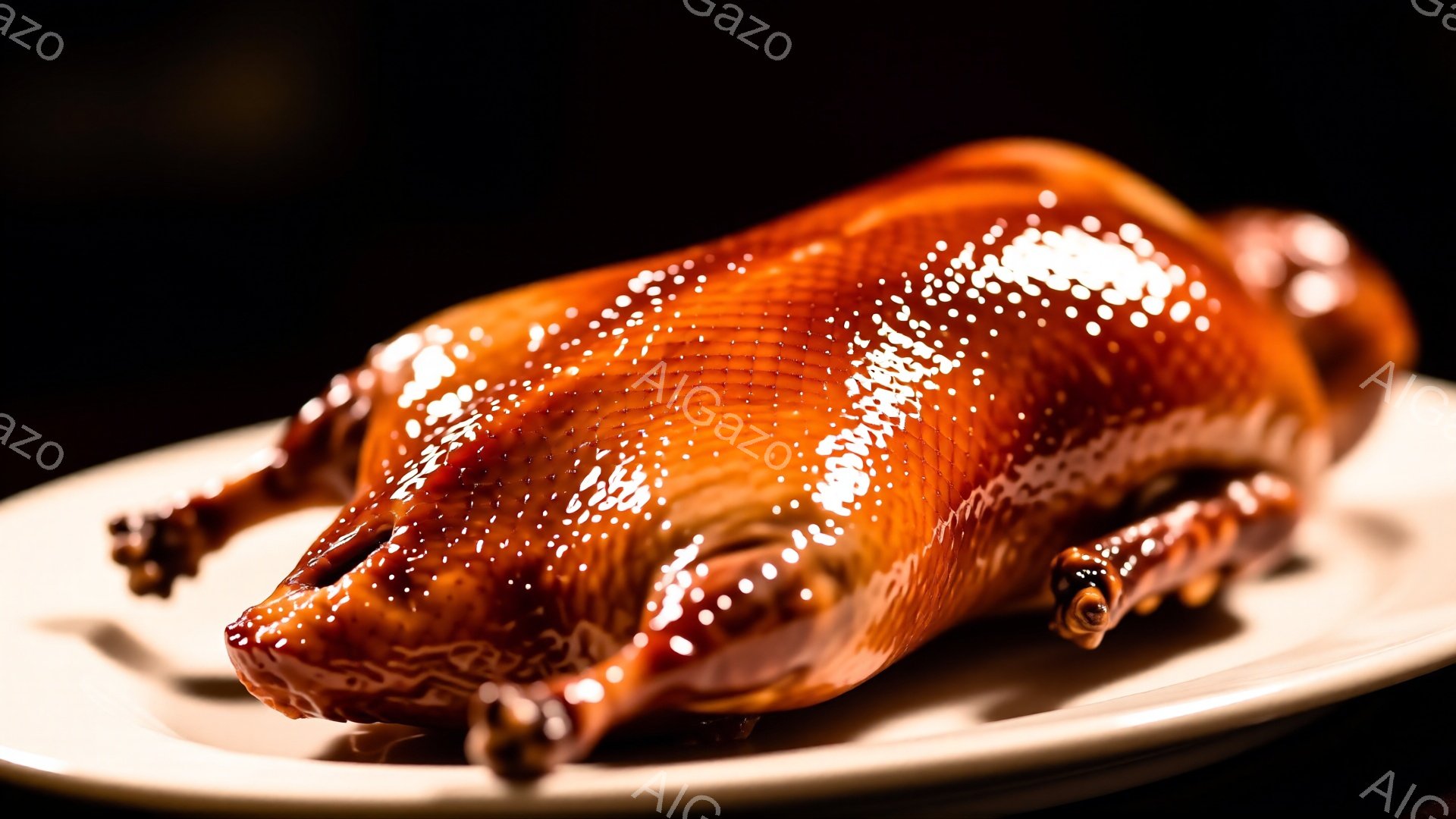 照り輝く皮を持つローストダックが白い皿の上に横たわっています。皮には細かい模様が浮かび上がり、肉全体が茶色と赤色の美しいグラデーションを描いています。背景は暗く、ダックが照明によって際立って見え、食欲 - AI生成フリー素材