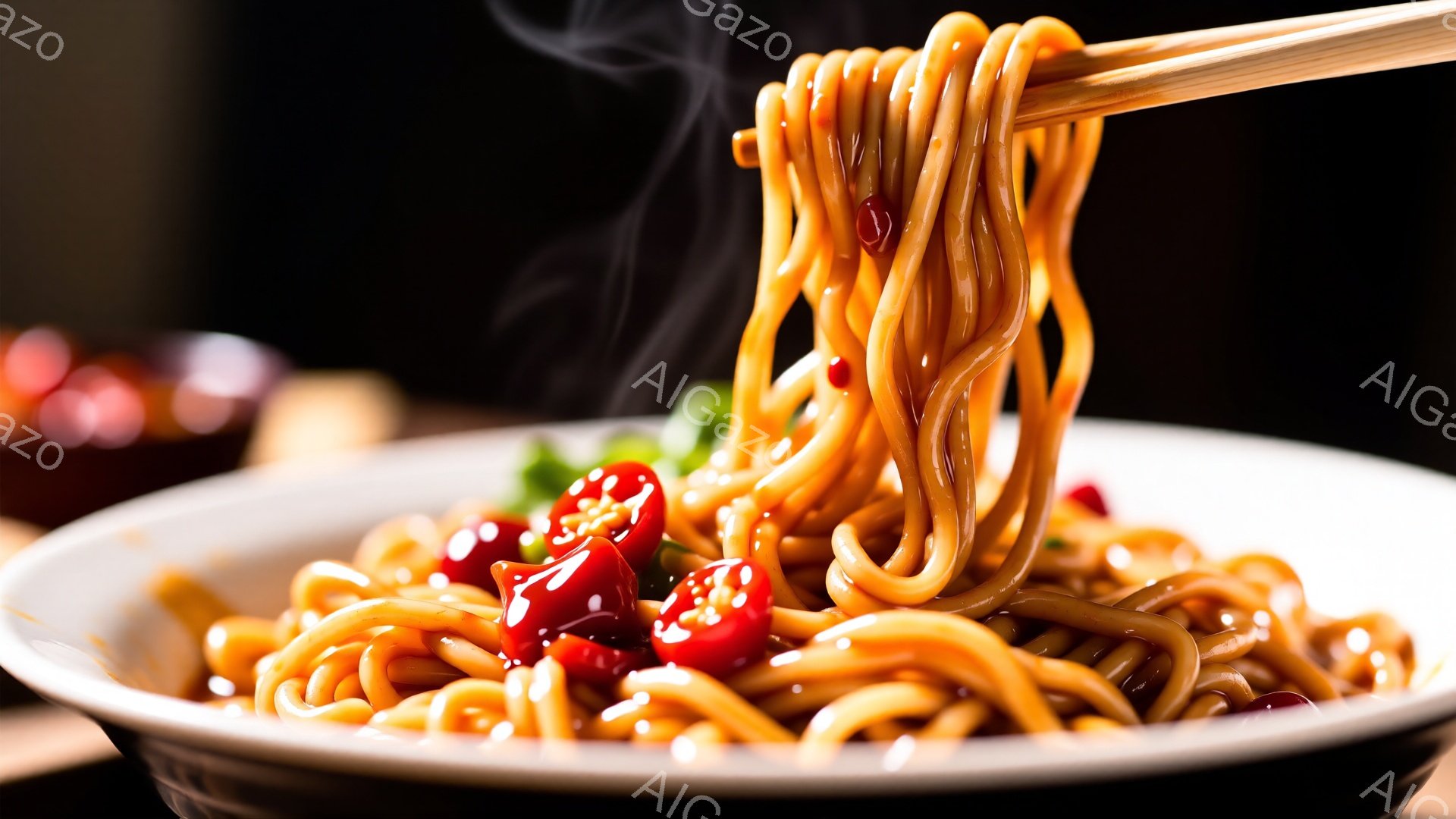 湯気が立ち上る赤いソースの麺類が白い丼に盛られ、箸で持ち上げられています。麺の周りには赤い唐辛子や緑色の薬味が散りばめられ、食欲をそそる鮮やかな色彩です。背景は暗く、丼が際立っており、料理の美味しさが強調されています。