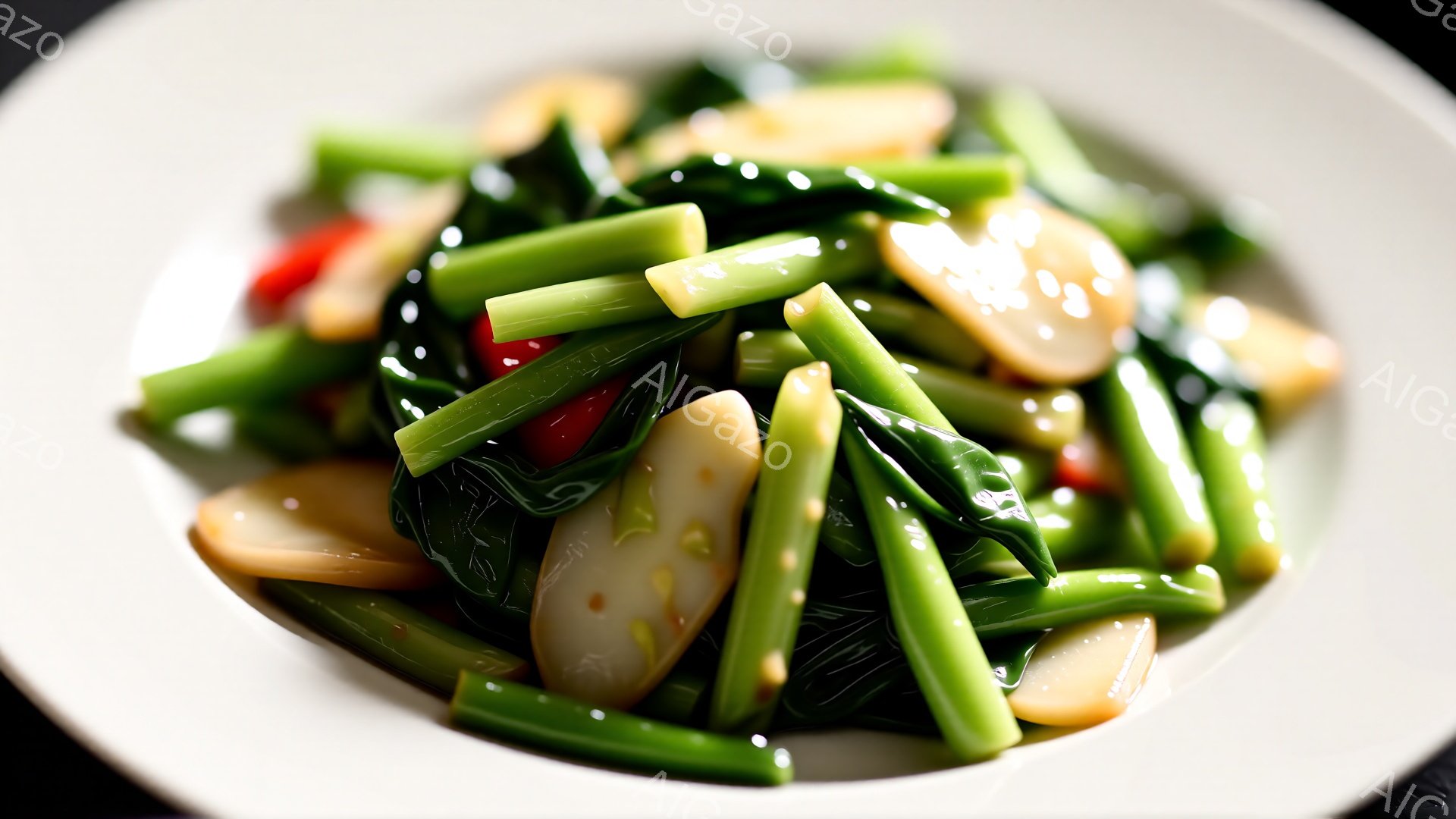 白い皿に、緑色のインゲンと薄切りのレンコンが炒められた料理が盛り付けられています。光沢のある照りがあり、赤色の唐辛子も点在し、食欲をそそるビジュアルです。シンプルながらも素材の彩りが美しく、家庭料理のような温かみが感じられます。