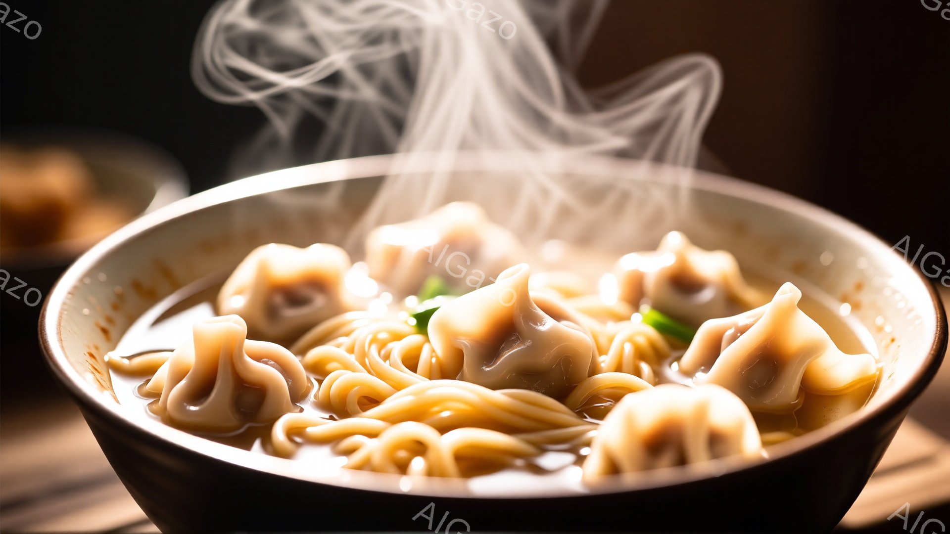 湯気が立ち上る熱々のラーメンの丼が、木製のテーブルの上に置かれている。手作り風の餃子のようなものが、麺と共にご飯の中に浮かんでおり、ネギが散らされている。全体的に温かみのある雰囲気で、食欲をそそる構図だ。