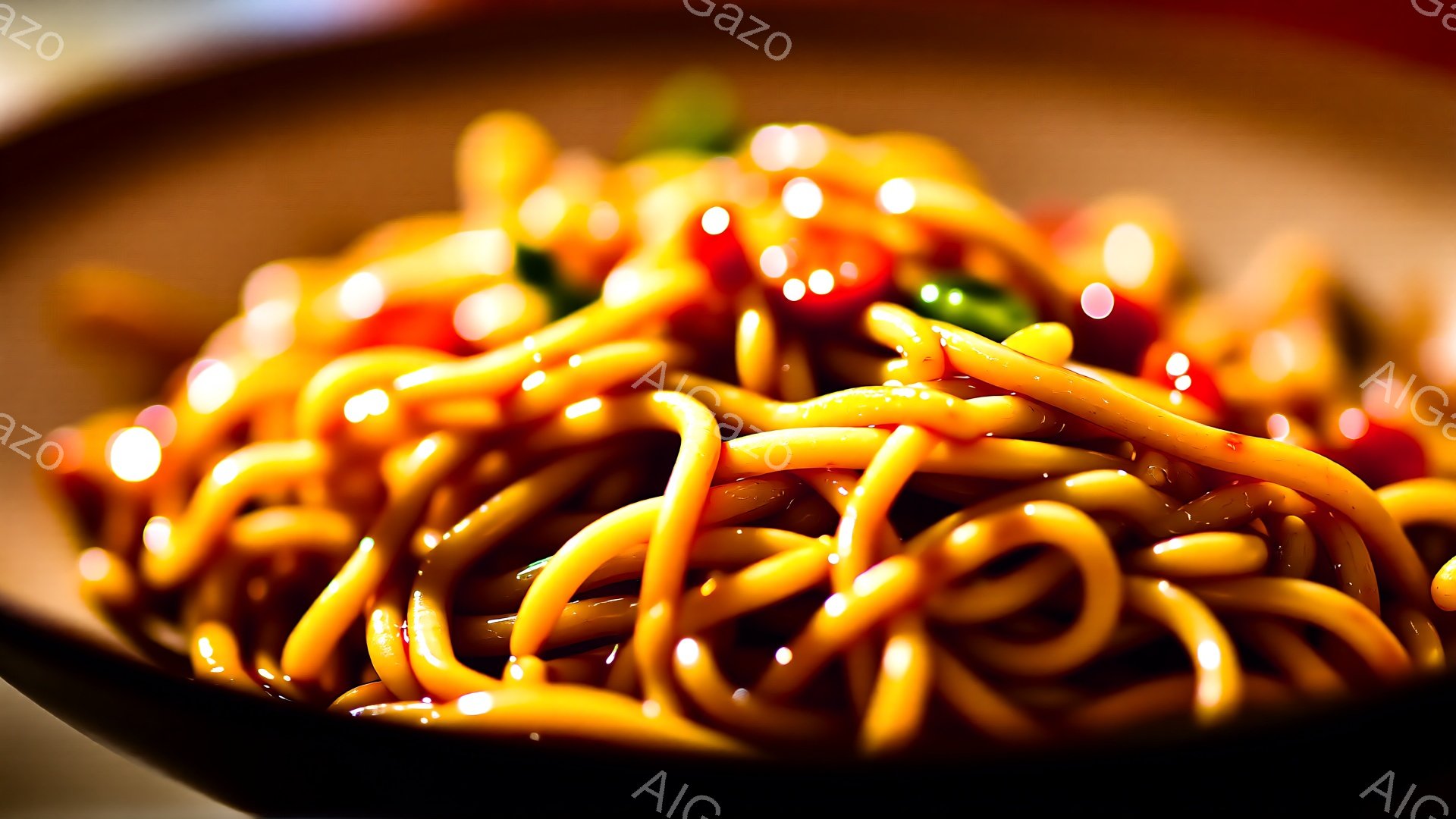 鮮やかなオレンジ色の太麺が器いっぱいに盛り付けられています。麺には油光があり、赤や緑のトッピングがアクセントになっています。背景は暗く、麺の鮮やかさが際立っており、食欲をそそる雰囲気です。