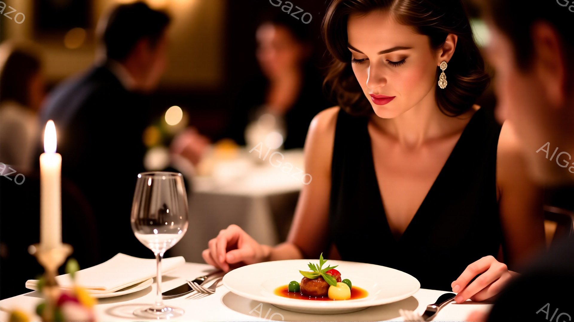 洗練された女性がフォーマルなダイニングで食事をしている様子が写っている。彼女は黒いドレスを身に着け、髪は後ろでまとめられ、耳には宝石のイヤリングが光っている。皿の料理に意識を集中しており、背景には他のダイニング客がぼんやりと見え、全体的にエレガントで洗練された雰囲気が漂っている。