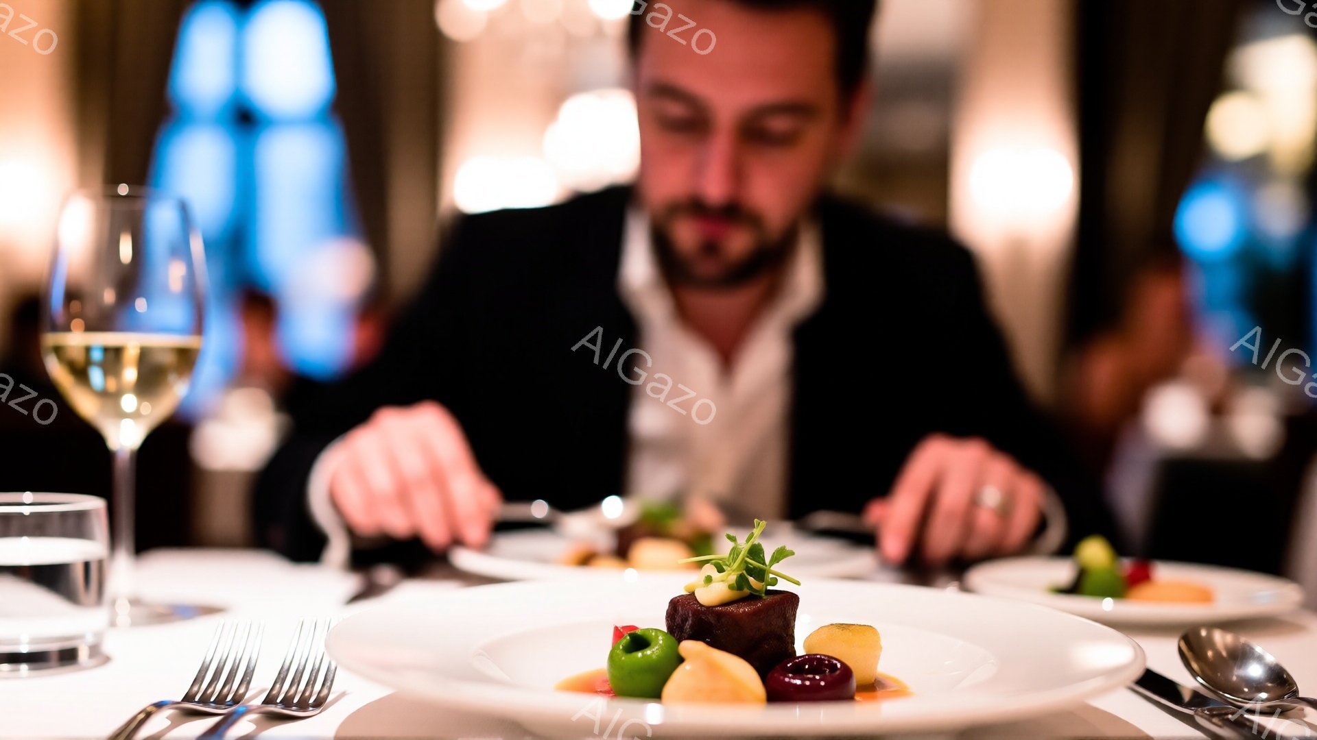 洗練されたレストランで、ひげを生やした男性が食事を楽しんでいる様子が写っています。彼は白いシャツと黒いジャケットを着ており、前かがみになり、皿に盛られた料理に集中しています。背景はぼやけており、落ち着いた照明と他の客の姿が見え、高級感のある雰囲気が漂っています。