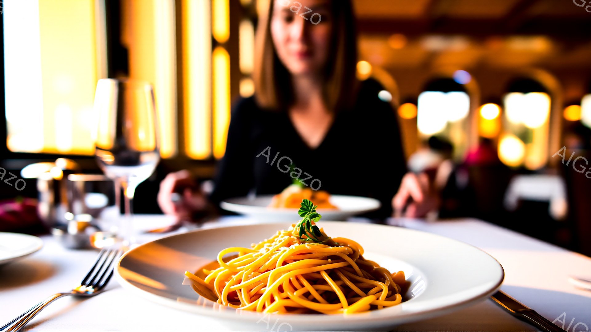 白い皿に盛り付けられたオレンジ色のパスタが中央に配置され、緑色のハーブで飾られています。背景には、ぼやけた女性が写っており、黒い服を着て少し微笑んでいるように見えます。全体の雰囲気は、レストランでの食事という上品で落ち着いたもので、温かい照明が食事のシーンを強調しています。