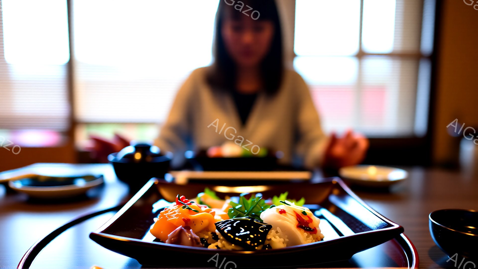 漆塗りの膳に盛り付けられた寿司が手前にあり、鮮やかなオレンジ色や白色のネタが目に飛び込んでくる。背景にはぼやけた女性が座っており、黒い髪で、表情ははっきりしないが落ち着いた雰囲気である。室内は落ち着いた照明で、木製のテーブルと和風の食器が日本の伝統的な食事の雰囲気を醸し出している。