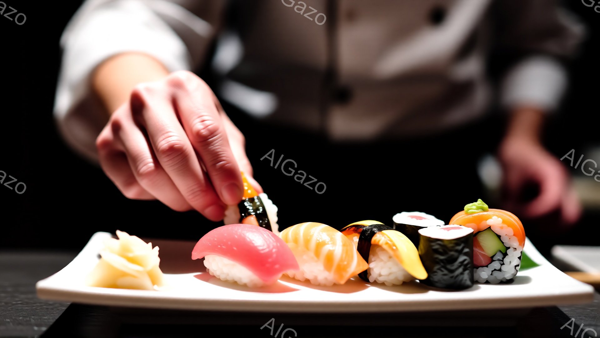 白い皿の上に、様々な種類の寿司が並べられている。手前のピンク色の寿司はマグロ、その隣はエビ、サーモン、カニカマ、そして細長い巻き寿司が並び、ワサビとガリが添えられている。背景は暗く、寿司を盛り付ける人の白い制服の一部が見え、プロフェッショナルな寿司職人の技が感じられる。