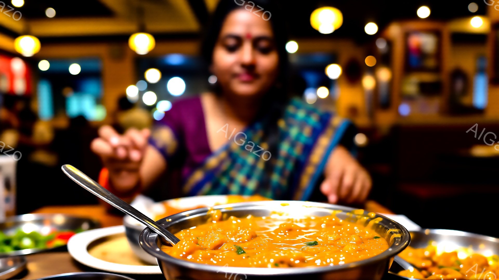 焦点は、オレンジ色のソースが入った金属製の鍋と、それに添えられたご飯の皿に合わされています。背景には、鮮やかな青いサリを着た女性がぼやけており、両手を前に出して何かを示しているようです。全体的に温かく、食事を楽しむレストランの雰囲気を感じさせます。