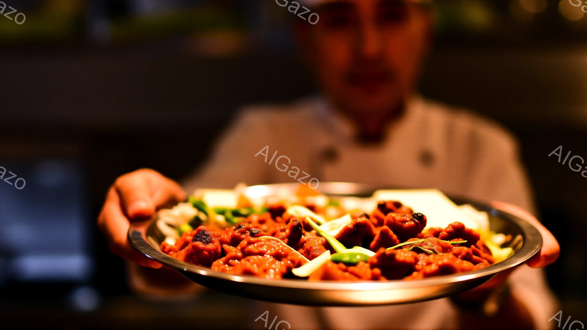 料理人が赤いソースで覆われた肉料理を盛った銀色の皿を両手で差し出している。彼は白いコックコートと帽子を着用しており、表情ははっきりと見えないが、真剣な様子が窺える。背景は暗くぼやけており、調理場のようであり、焦点は料理と料理人、そしてその差し出しという行為に絞られている。
