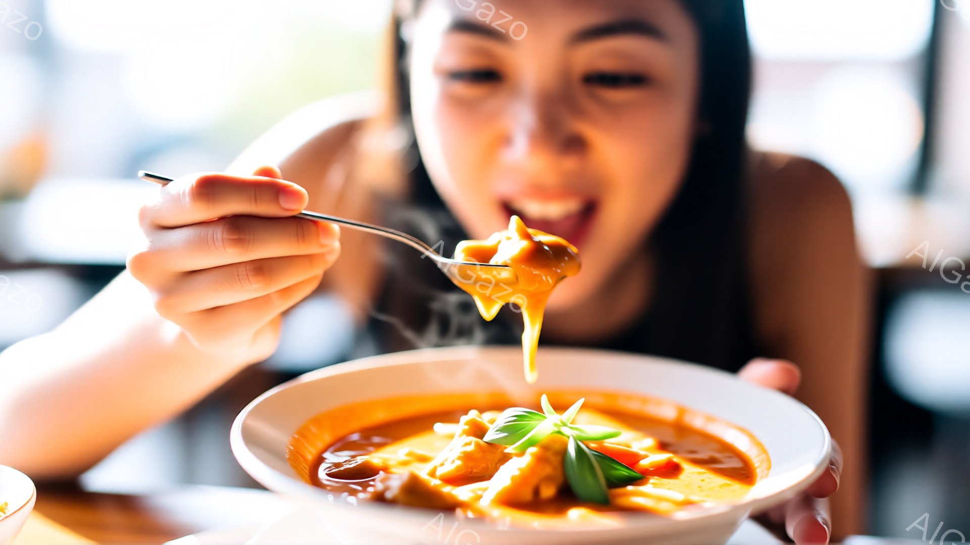 鮮やかなオレンジ色のカレーが盛られた白いお皿を女性が手に持っています。彼女は黒いタンクトップを着ており、髪は後ろで結ばれています。カレーをフォークで掬い、満面の笑みで食べる姿は、料理への喜びと活気を感じさせます。