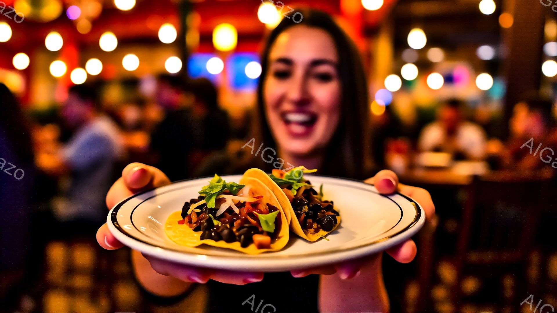 女性が２つのタコスを盛った皿をカメラに向かって差し出しており、満面の笑みを浮かべている。彼女は明るい色のトップスを着ており、髪は後ろで結んでいる。背景にはぼやけた人々とカラフルな光が散りばめられ、賑やかで楽しい雰囲気が漂っている。