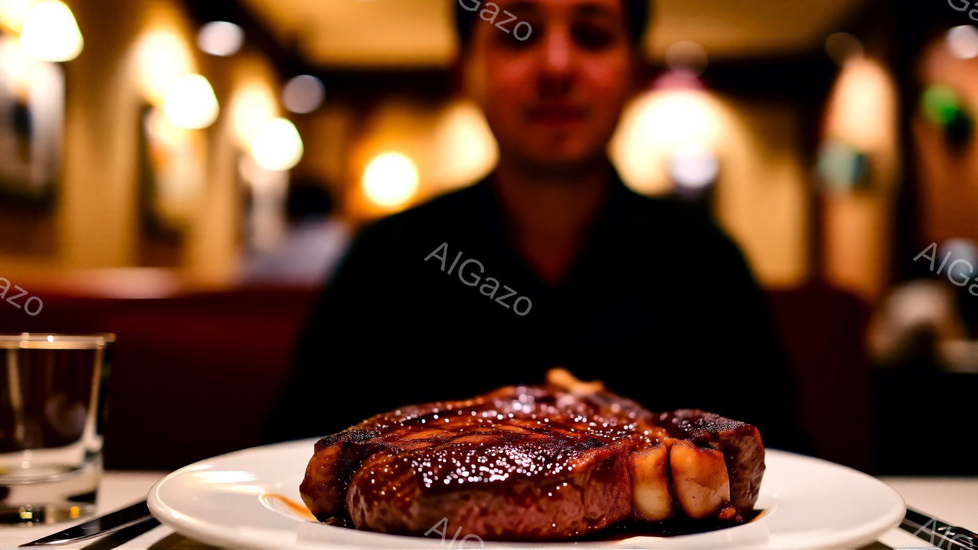 焦点は、艶やかな焼き色のステーキが盛られた白い皿に当てられています。背景には、ぼやけた人物がおり、黒いシャツを着ています。全体的に暖色系の照明が使われ、レストランのような落ち着いた雰囲気が漂っています。