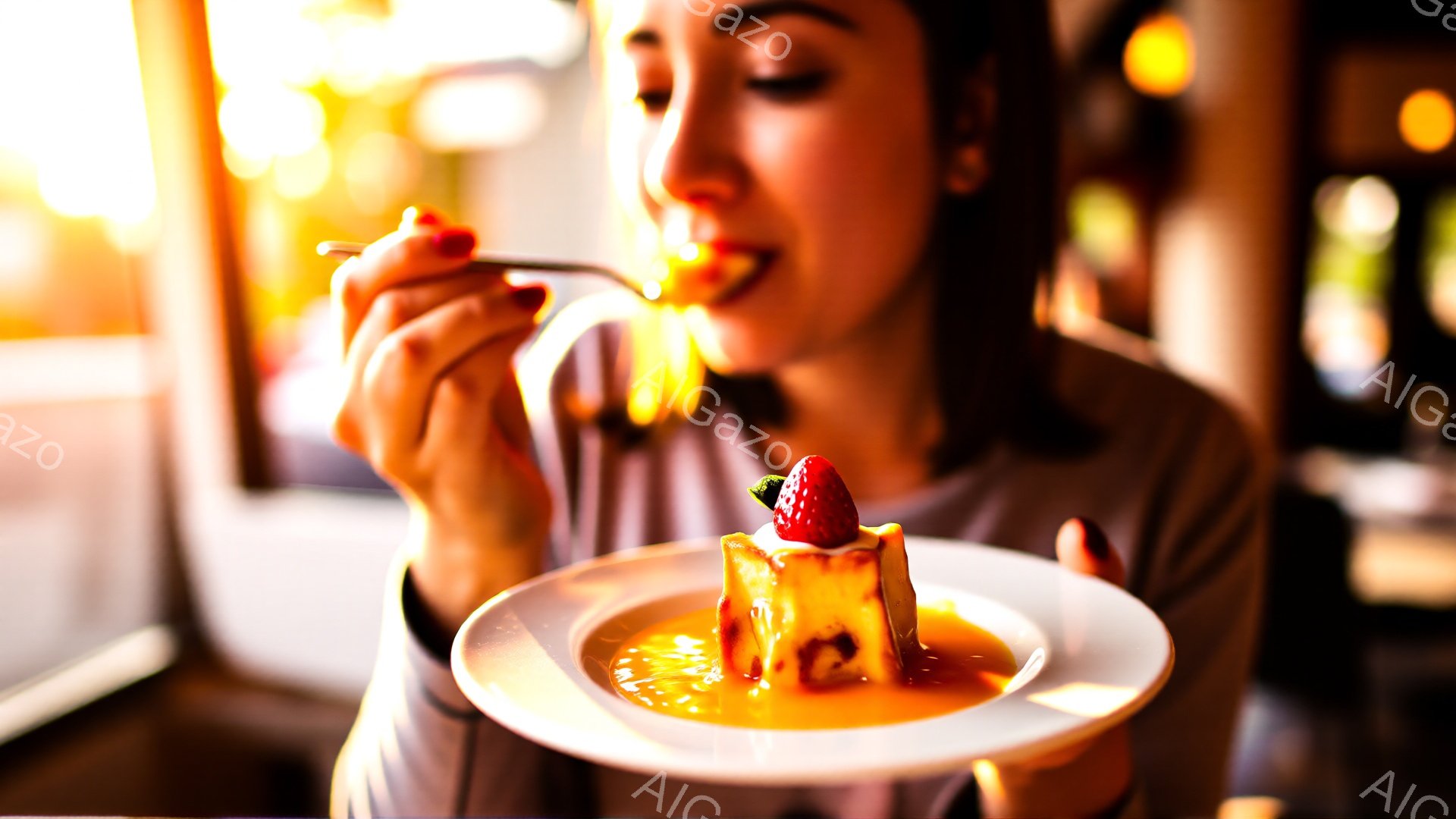 一人の女性が、カラメルソースがかかったチーズケーキをフォークで食べている様子が写っている。彼女は肩出しのグレーのトップスを着ており、髪は後ろでまとめられている。背景はぼやけており、明るい光が差し込む暖かい雰囲気のカフェやレストランのようである。