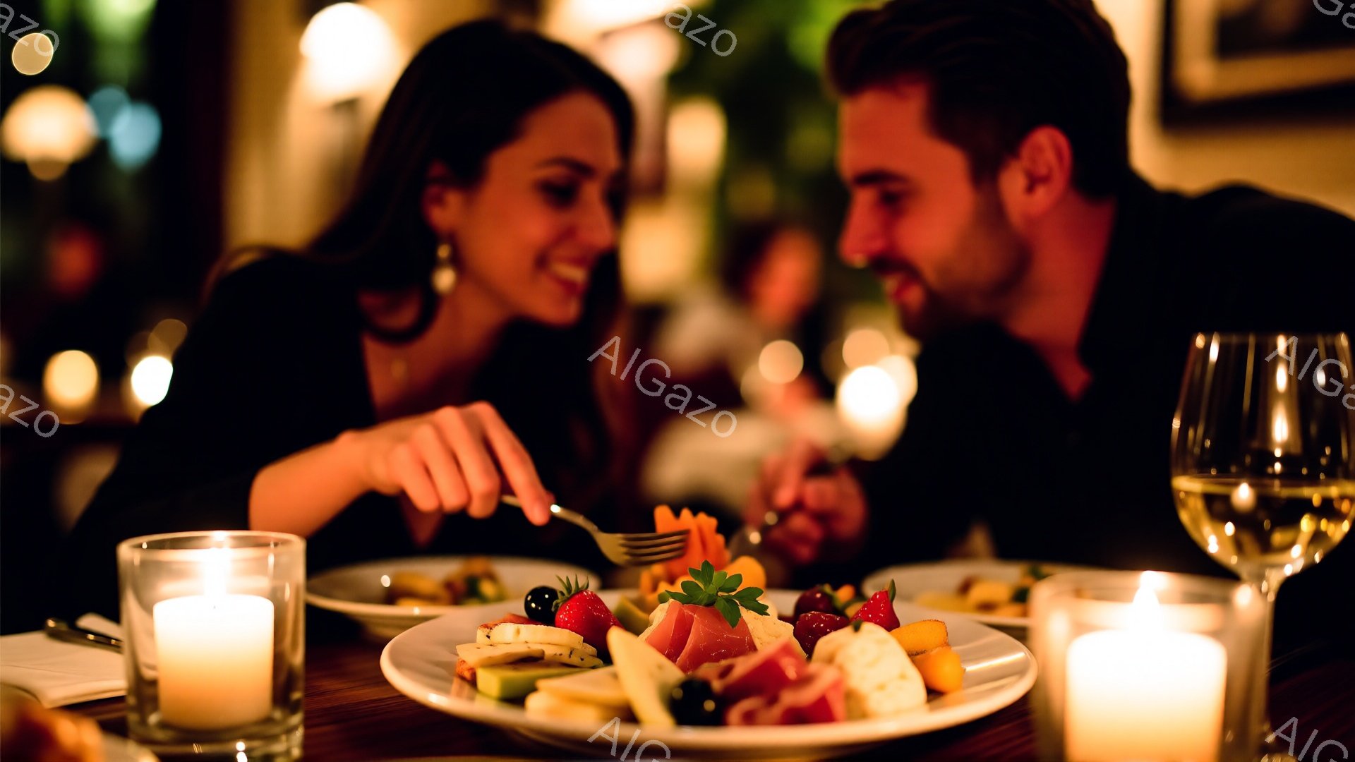 二人の男女がレストランで食事を楽しんでいる様子が写っている。女性は黒髪を耳にかけるようにまとめ、赤いイヤリングをつけて微笑んでいる。テーブルには彩り豊かなフルーツとチーズの盛り合わせがあり、周囲にはキャンドルの灯りが灯り、ロマンチックな雰囲気を醸し出している。