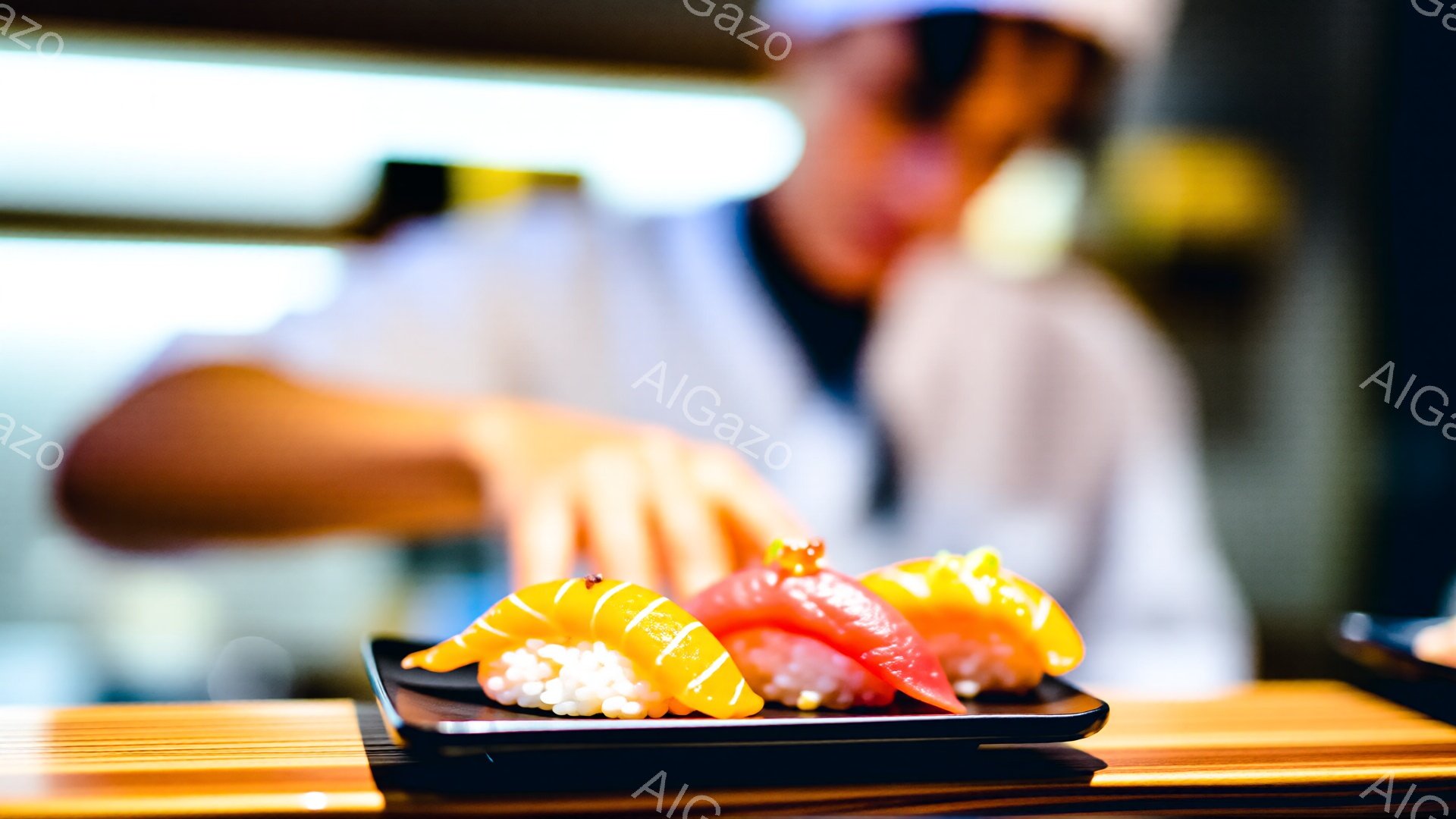 黒い皿に、オレンジ色のサーモンと赤いマグロの握り寿司が3つ並んでいる。背景には、白い調理服を着た人物がぼやけており、寿司店の中であることがわかる。暖色系の木目調のカウンターと明るい照明が、清潔で落ち着いた雰囲気を醸し出している。