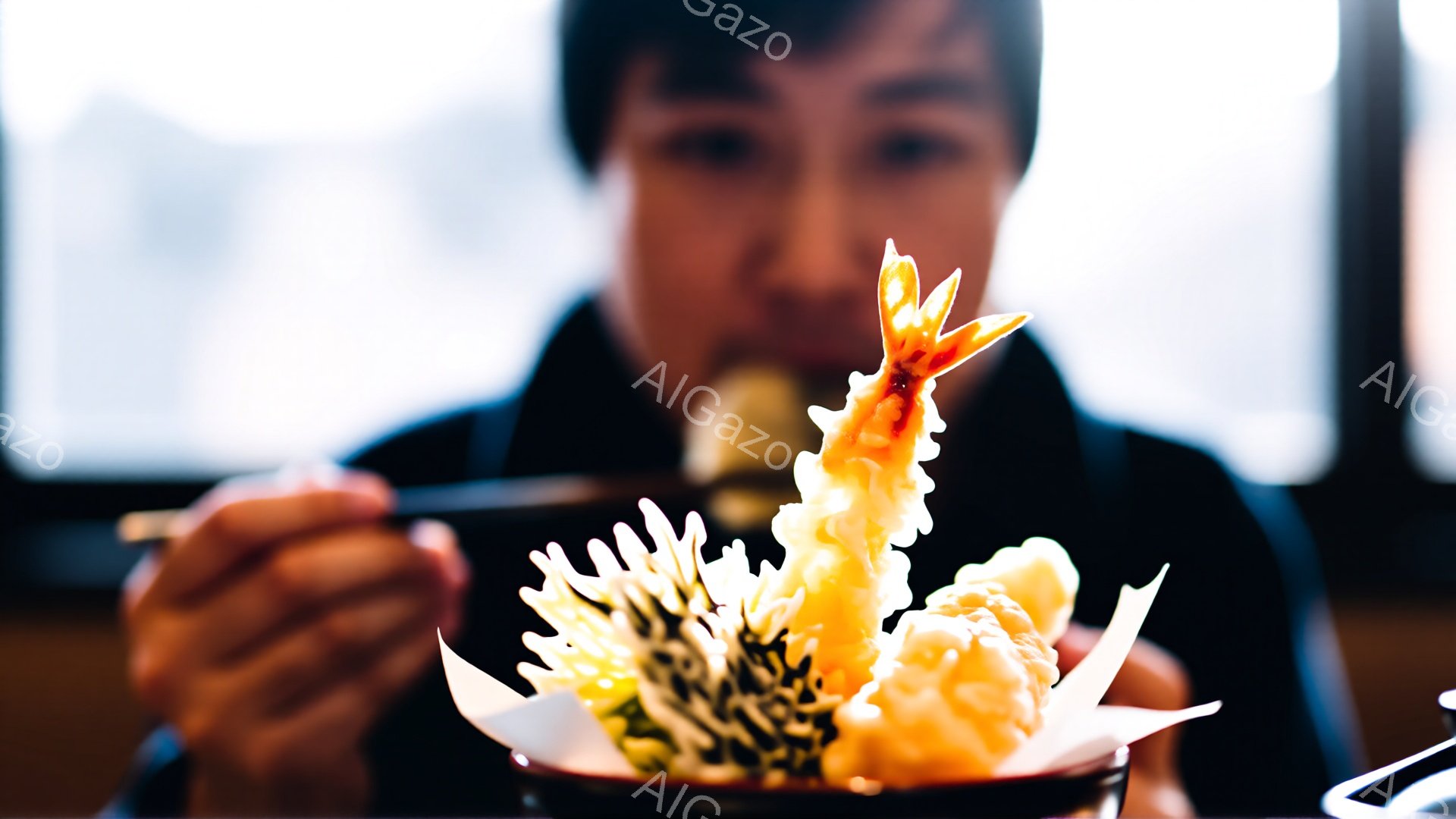 浅い被写界深度で、天ぷらが盛られた器と、それを見つめる男性が焦点になっています。男性は黒いシャツを着ており、髪は短く整えられています。背景はぼやけていますが、窓から差し込む光と、何らかの建物が見えることから、おそらくレストランの内部であることが伺えます。