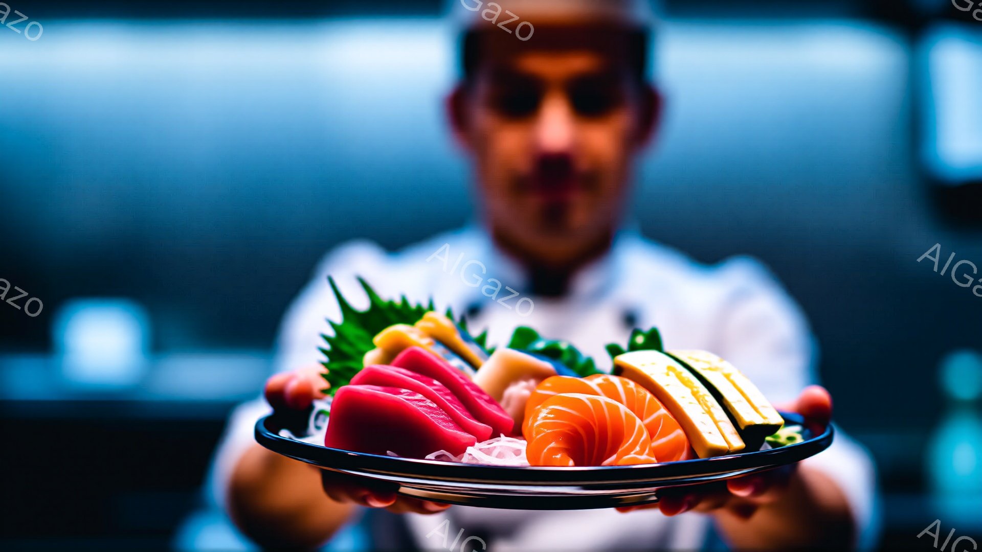 白いコックコートを着た男性が、様々な種類の刺身が盛られた黒い皿を両手で差し出している。背景はぼやけており、建物や自然などは特定できないが、室内であることがわかる。全体的に、料理へのこだわりと提供する際 - AI生成フリー素材