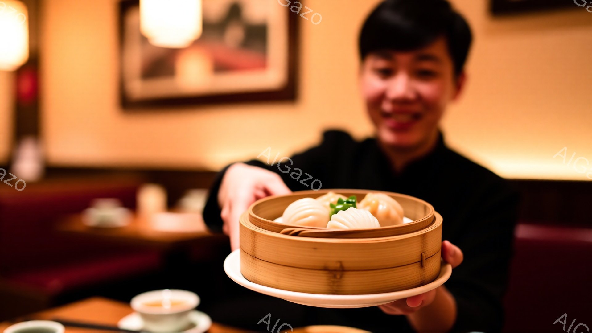 黒いシャツを着た女性が、蒸し器に入った点心を前に差し出しています。彼女は微笑んでおり、背景にはぼやけたレストランのインテリアが見えます。全体的に温かく、親しみやすい雰囲気です。