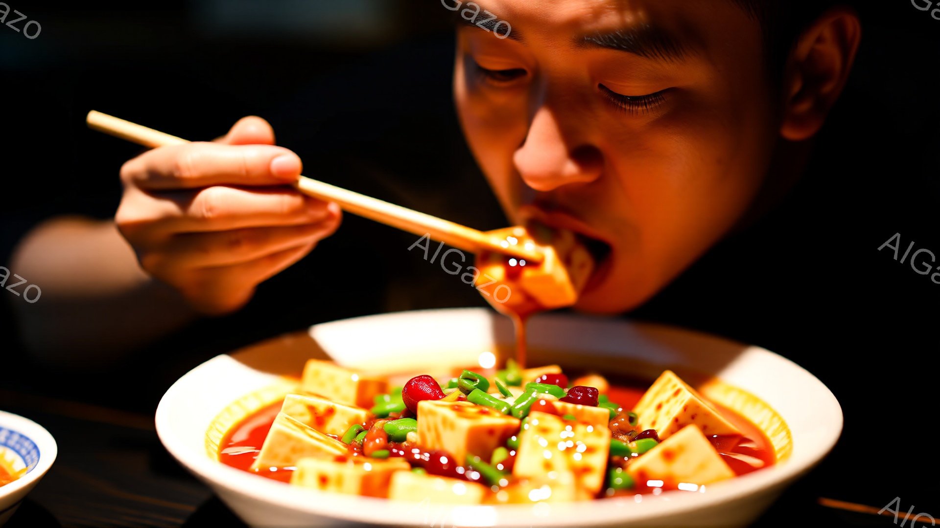 鮮やかな赤いスープに豆腐や野菜が浮かぶ料理を、男性が箸で口に運んでいます。彼は黒い服を着ており、髪は短く整えられています。焦点は料理と男性の顔に合っており、背景は暗くぼやけており、料理の鮮やかさを際立たせています。