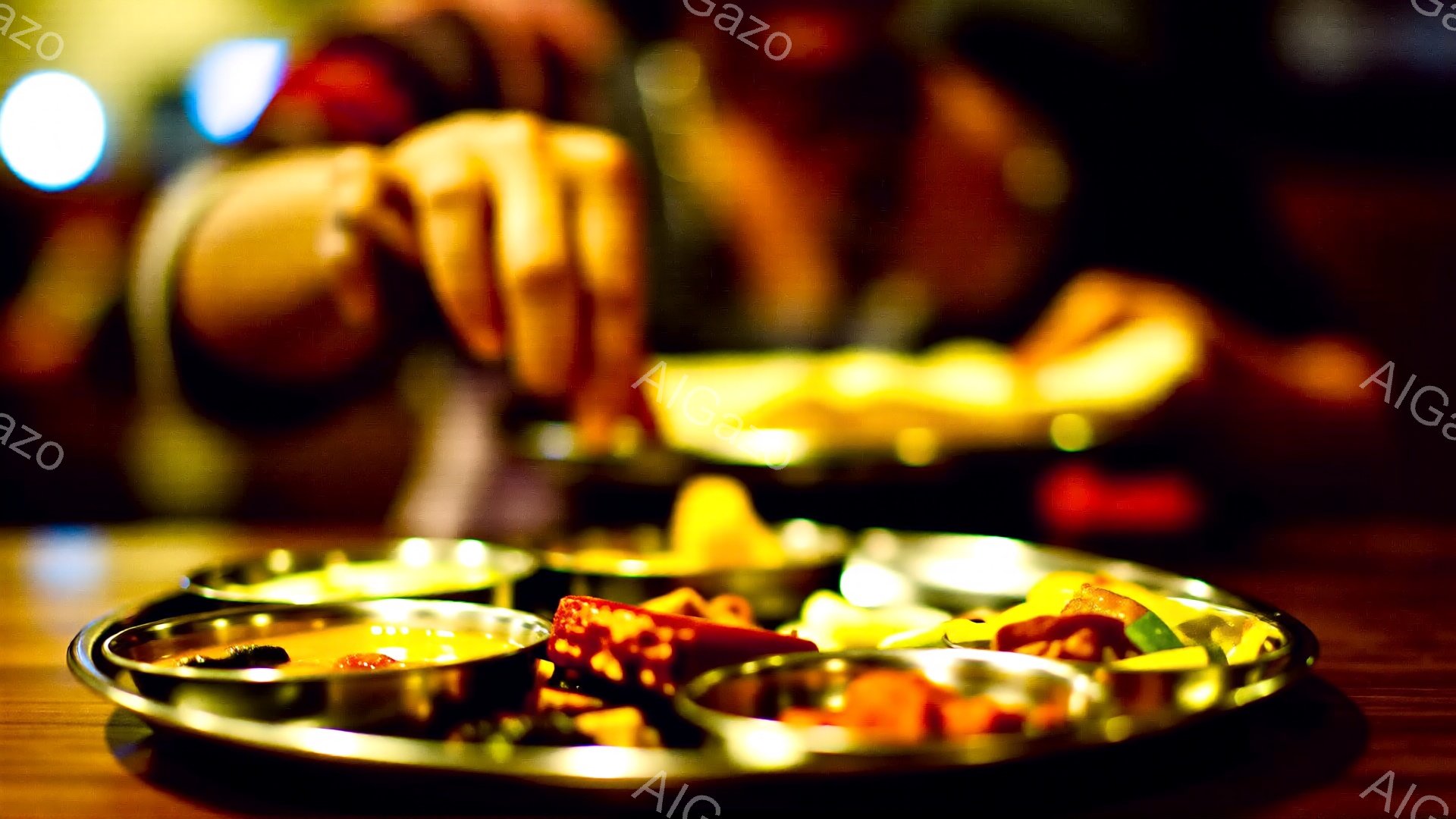 鈍い光の中で、ステンレス製の皿に様々な色の食べ物が盛り付けられている様子が捉えられている。背景はぼやけており、人影が見えることから、何らかの儀式や祭りの場面の一部である可能性が示唆される。全体的に暖かく、どこか神秘的な雰囲気を漂わせている。