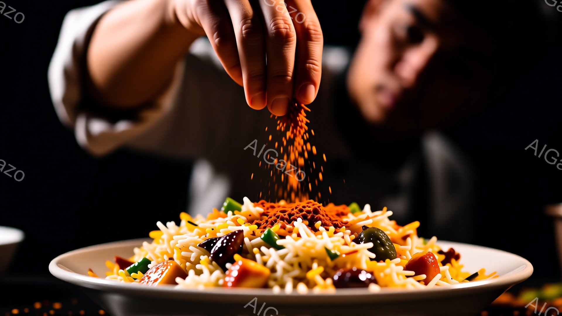黒い背景に、白と赤の細長い食材が盛られた皿の上で、何かが振りかけられている様子が写っている。振りかける手は、白の長袖シャツを着た人物のもので、料理にスパイスやハーブなどを加えているように見える。皿の食材は、パスタのような形状で、赤や緑の彩りが加わり、食欲をそそる雰囲気である。