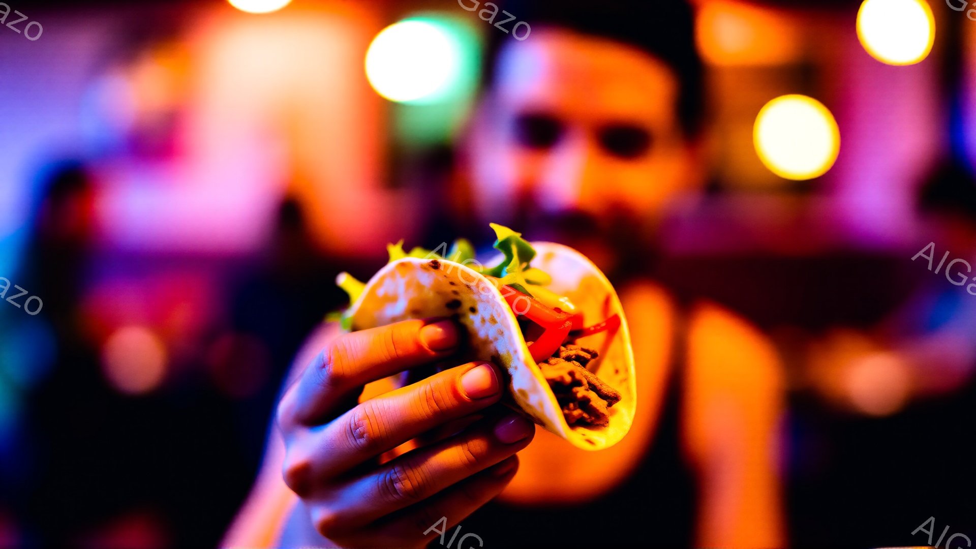 手前にタコスが握られ、焦点はタコスとその具材、特に肉と野菜に当てられています。背景はぼやけており、暖色系の照明が灯るパーティーのような雰囲気で、人物のシルエットが見えます。全体的に、活気があり、食欲をそそる、夜のシーンを捉えた写真です。