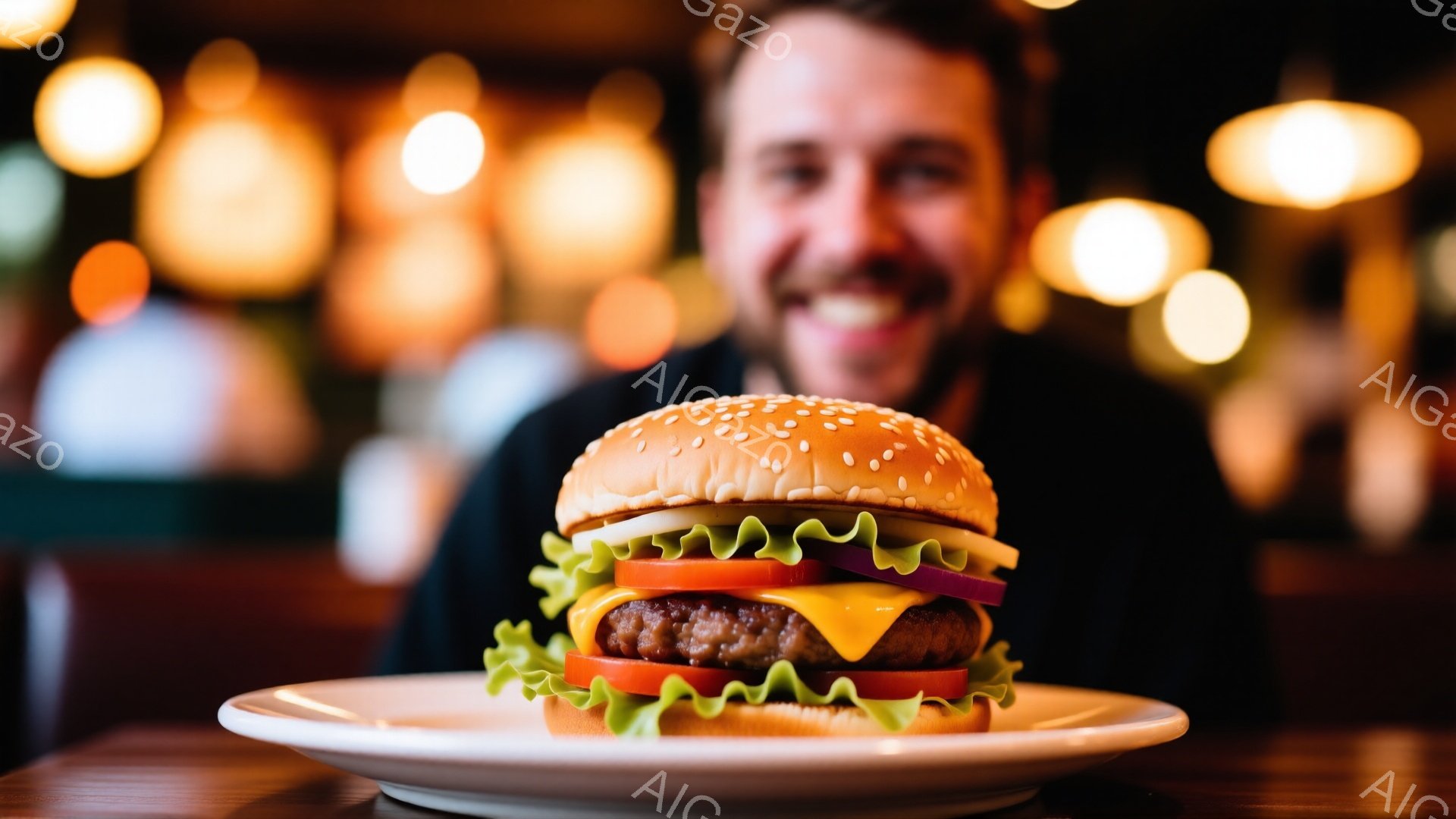 焦点は、レタス、トマト、紫玉ねぎ、チーズ、ハンバーグが挟まれた大きなハンバーガーです。背景はぼやけており、笑顔の男性がハンバーガーの背後に見え、温かく居心地の良い雰囲気を作り出しています。照明は暖色系 - AI生成フリー素材