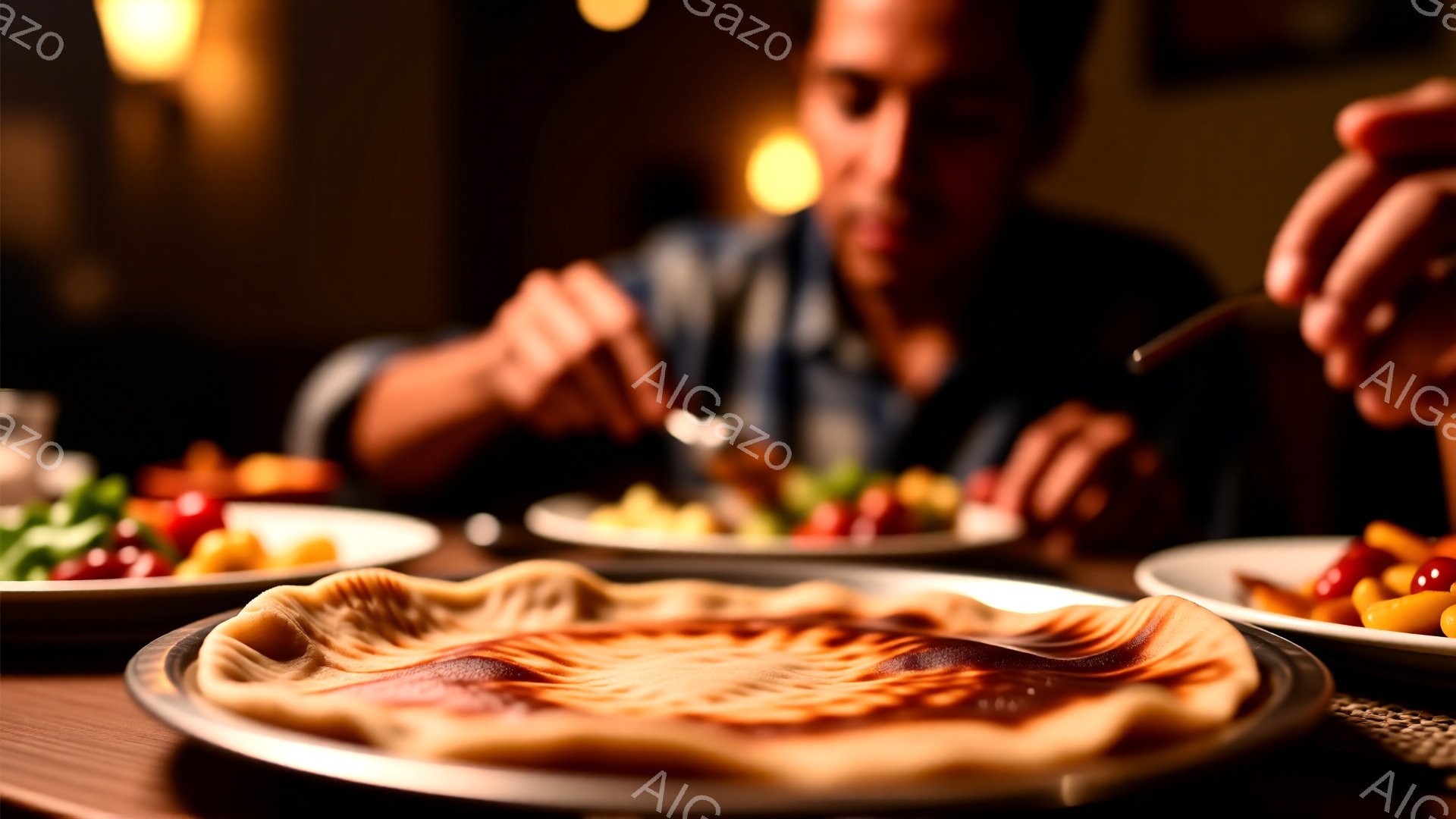 テーブルの上には、様々な料理が並べられた皿が複数あります。手前に大きく写っているのは、焼き色のついた平たいパンのようなもので、奥にはサラダや、赤い豆のような料理が皿に乗っています。背景には、ぼやけた人 - AI生成フリー素材