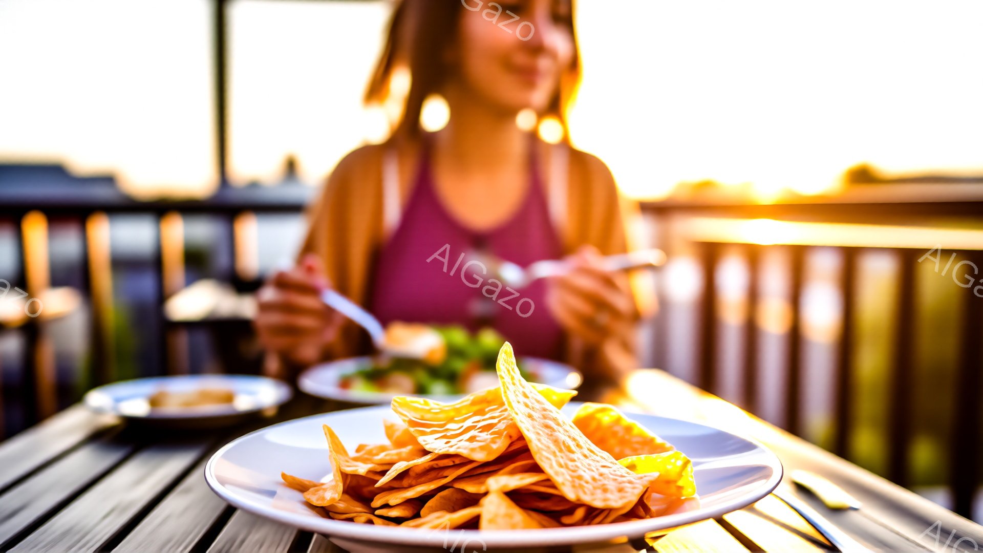 陶器の皿に盛られたナチョスが手前に大きく写っており、背後にはサラダと別の皿が見えます。女性は紫色のタンクトップを着ており、少し微笑みながらサラダをフォークで食べています。背景には手すりのあるデッキと、夕焼けのような暖かい光に包まれた海が見え、リラックスした雰囲気です。