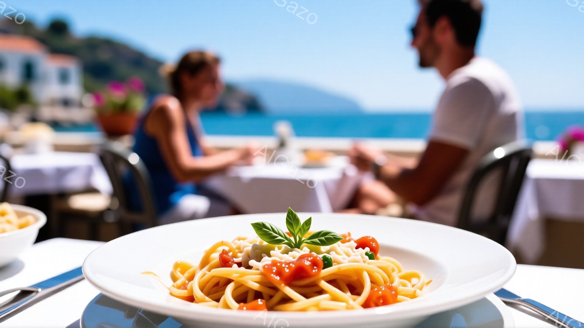 皿には、トマトとチーズが乗ったスパゲッティが盛り付けられています。背景には、白い建物と青い海が見え、晴れた日の屋外カフェのような雰囲気です。人々はぼやけていますが、リラックスした雰囲気で食事を楽しんでいるようです。