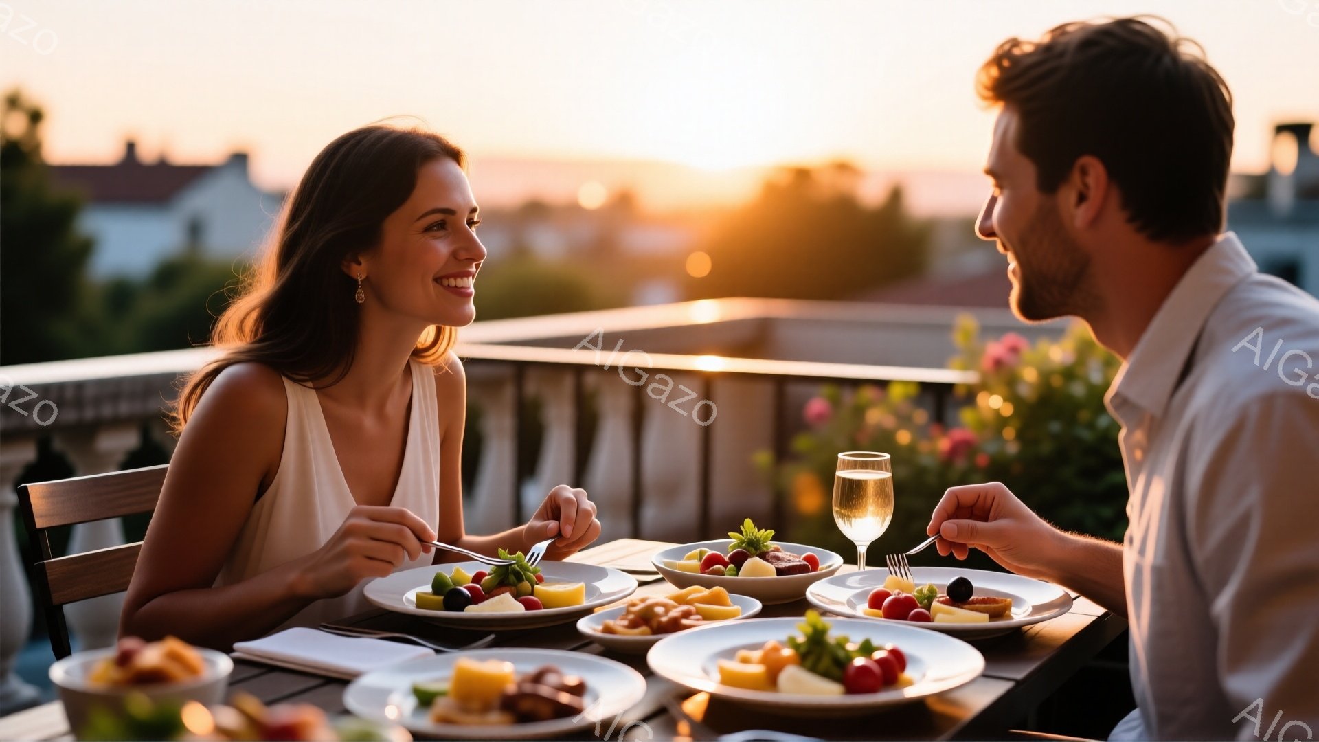 一対の男女が屋外のダイニングテーブルで食事を楽しんでいる様子が写っている。女性は肩出しの白いドレスを着ており、ゆるやかなウェーブヘアで、穏やかな笑顔を浮かべている。背景には夕焼け空と建物が見え、テーブルにはフルーツやサラダが並べられた皿が置かれ、ロマンチックで暖かい雰囲気が漂っている。