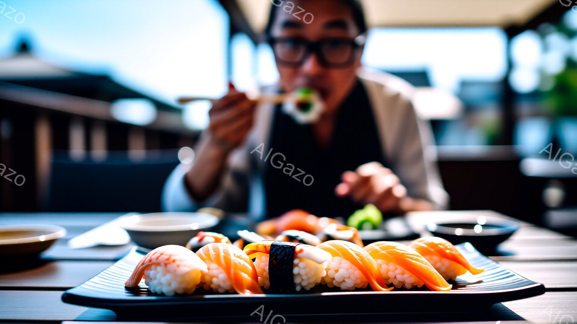 鮮やかなオレンジ色のサーモンと白米の握り寿司が黒い皿に並べられ、手前にはシャリが散りばめられている。背景には、サングラスをかけた女性が箸で寿司をつまみ、グレーのジャケットを着ている。背景はぼやけており、屋外のレストランのような場所で晴天の下、穏やかな雰囲気が漂っている。