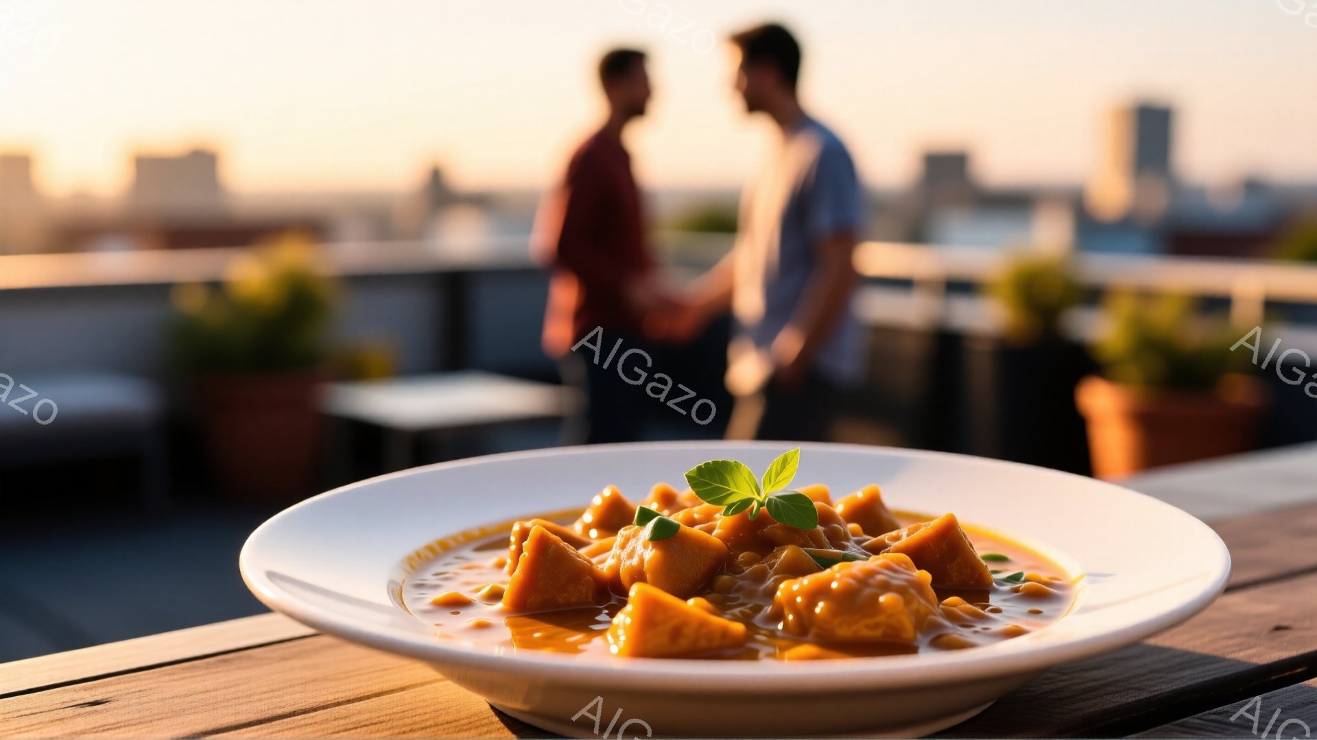 白い皿に、角切りにしたオレンジ色の野菜（おそらくカボチャ）と、濃厚なソースが盛られています。皿の横には、鮮やかな緑色の葉が飾られています。背景には、夕焼け空の下、屋上のバルコニーらしき場所で、二人組の人物が寄り添って立っており、遠くには都市の建物が見えます。