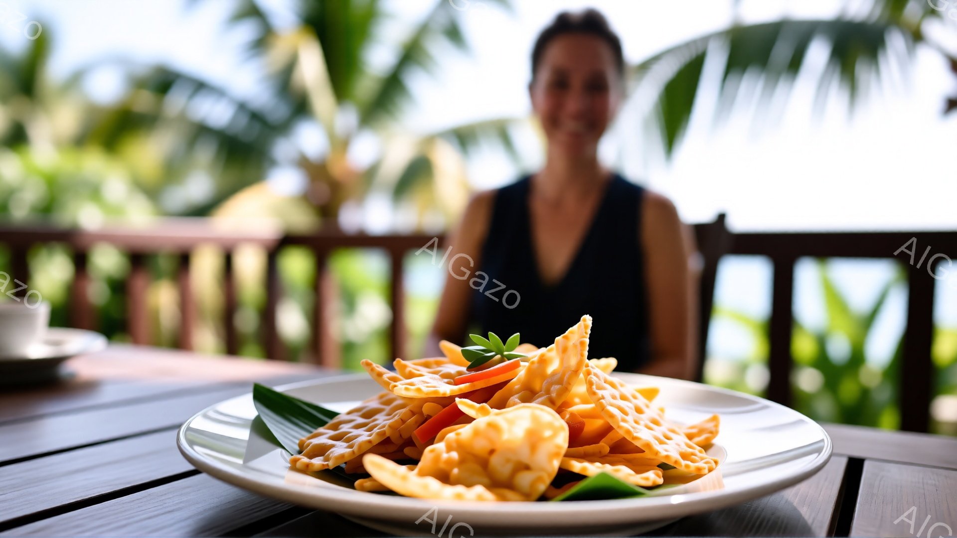 テーブルの上には、オレンジ色のクリスピーなスナックが盛られた白い皿があり、緑色の葉で飾られています。背景には、フェンスと青い海、そしてヤシの木が見え、女性がぼやけて写っています。全体的に明るく、リラックスした雰囲気で、暖かい日の屋外での食事の場面を表しています。