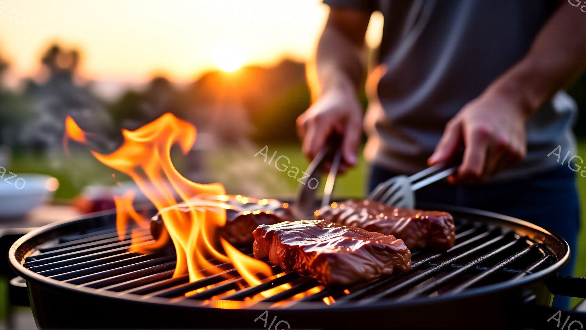 鮮やかな炎が立ち上るグリルで、肉が焼かれています。男性がトングを使って肉を扱い、背景には緑豊かな自然と夕焼け空が広がっています。暖かく、心地よい夏のバーベキューの雰囲気が伝わってきます。 - AI生成フリー素材