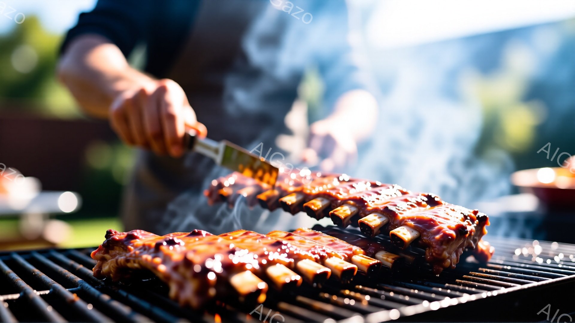照り輝くスペアリブがグリルの上で焼かれています。背景には緑豊かな自然が広がり、晴天の下でバーベキューを楽しむ様子が伺えます。手にはナイフを持ち、調理に集中している様子が伝わってきます。