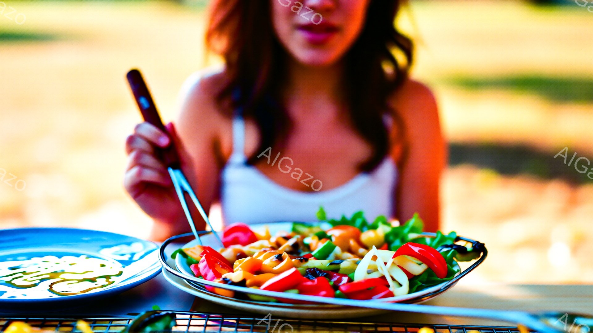 浅い被写界深度で、サラダと調理中の食品に焦点が当てられている。女性は白のタンクトップを着ていて、肩から下がフレーム外である。背景はぼやけており、日中の屋外で、おそらく裏庭またはピクニックのような雰囲気である。