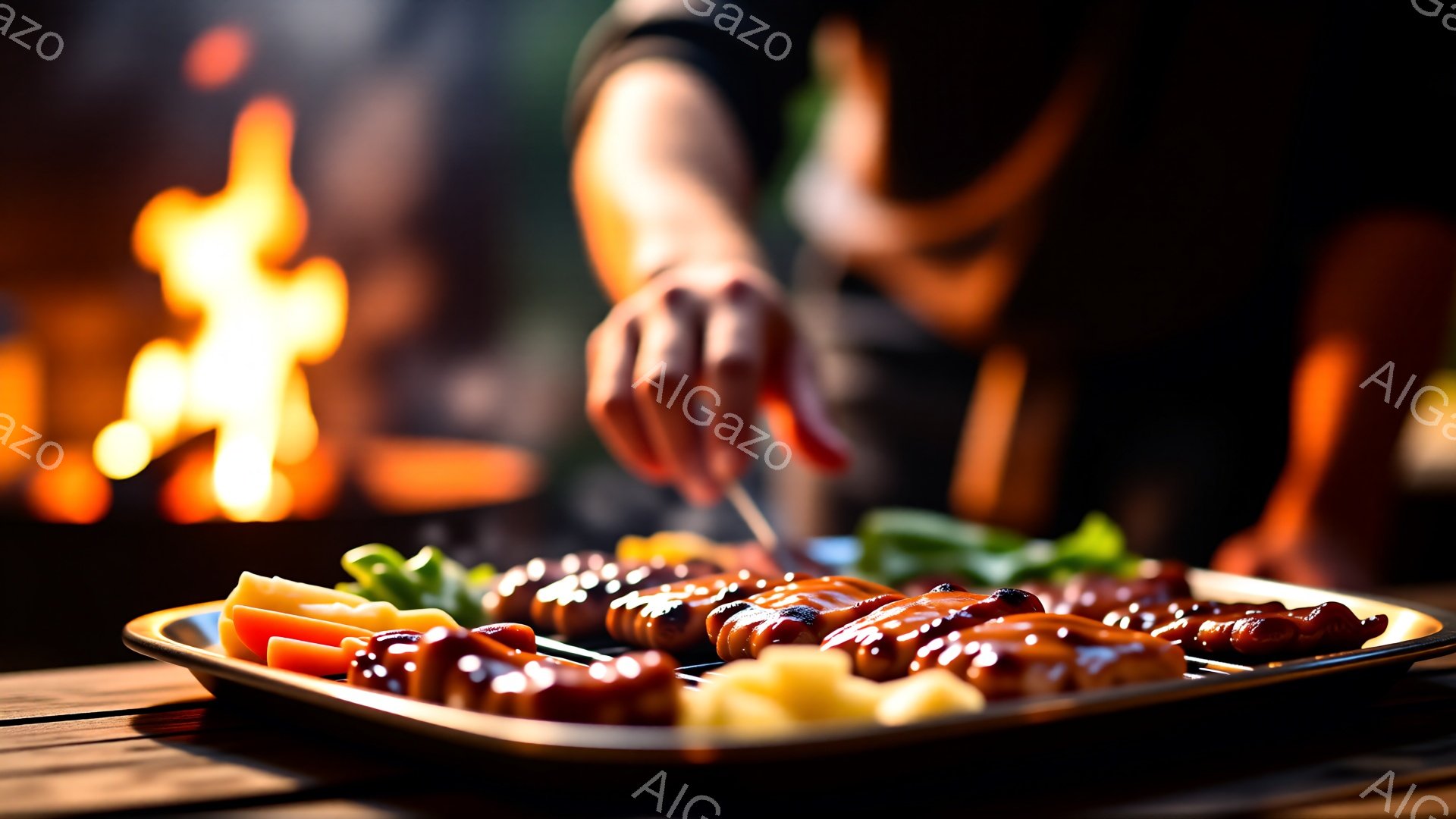 焼いたソーセージや野菜が金属製のトレイに並べられています。手前の焦点は、トレイに串刺しされたソーセージやパプリカ、パイナップルなどの食材に当たり、背景にはぼやけた焚き火が見えます。全体的に暖かく、食欲をそそる雰囲気で、アウトドアでのバーベキューを連想させます。