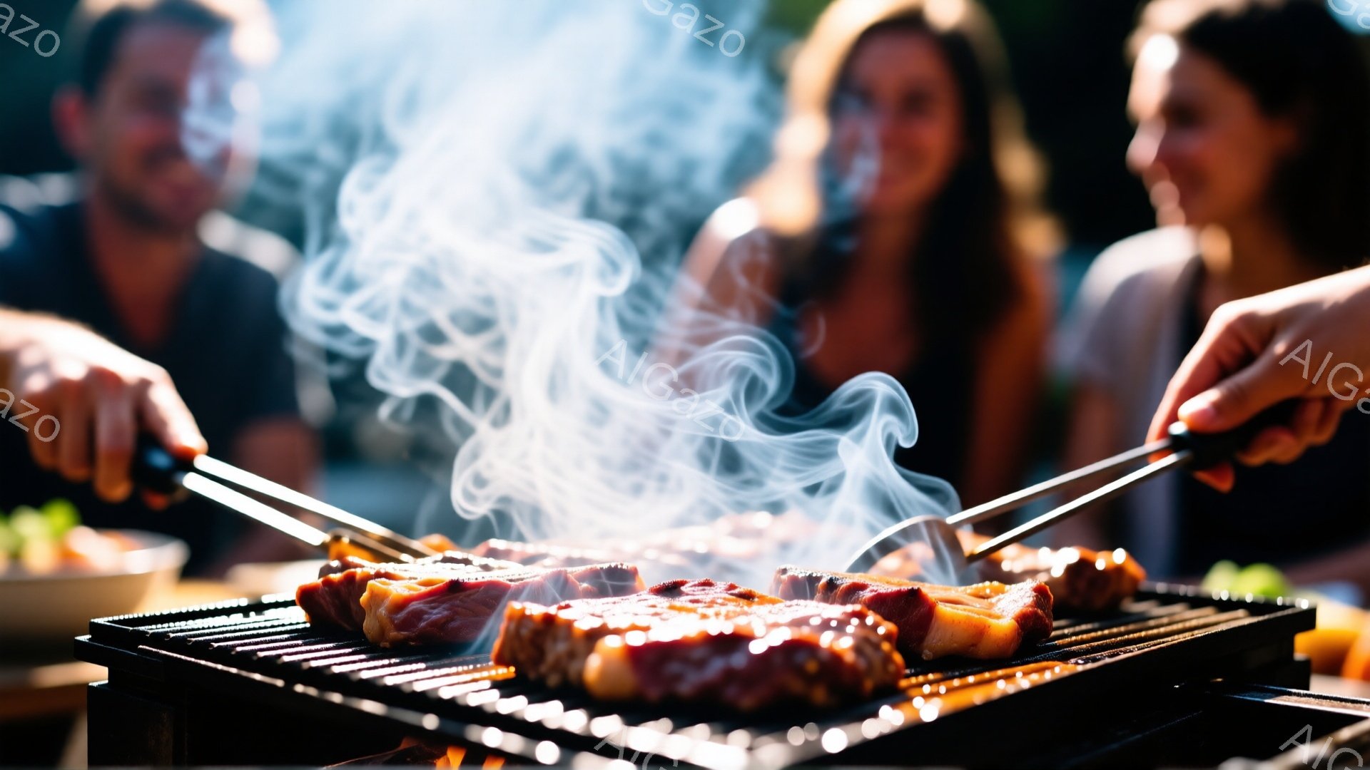 炭火の上で肉が焼かれ、白い煙が立ち上っている様子が捉えられています。手前の女性は短い金髪で、少し微笑んでいるように見え、背後の男性は濃い色の髪で、やや横を向いています。背景には緑豊かな自然が見え、晴天 - AI生成フリー素材