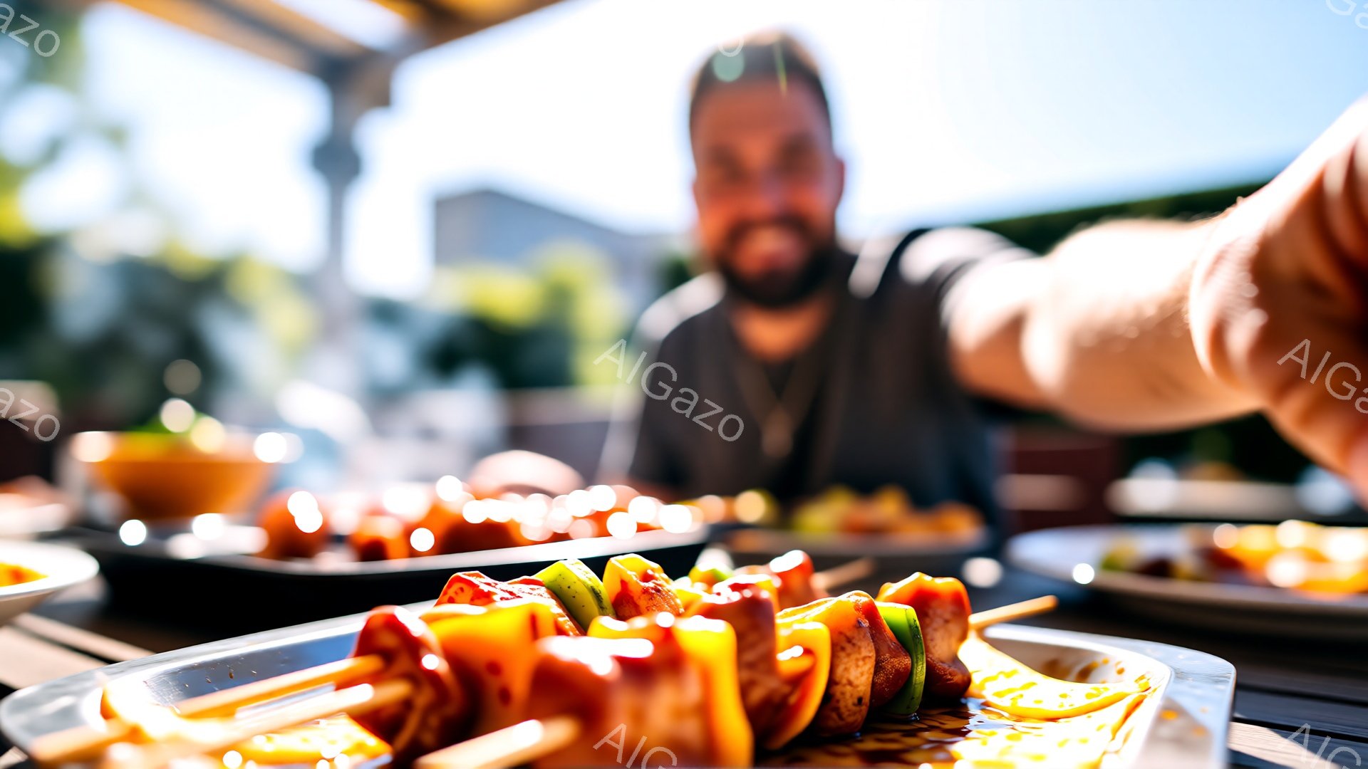 鮮やかな色彩の串焼きが金属製のトレイに並べられ、焦点が合っています。背景はぼやけており、髭を生やした男性がテーブルの向こうに座っているのがわかります。屋外の明るい日差しの中で、リラックスした食事の雰囲気が漂っています。