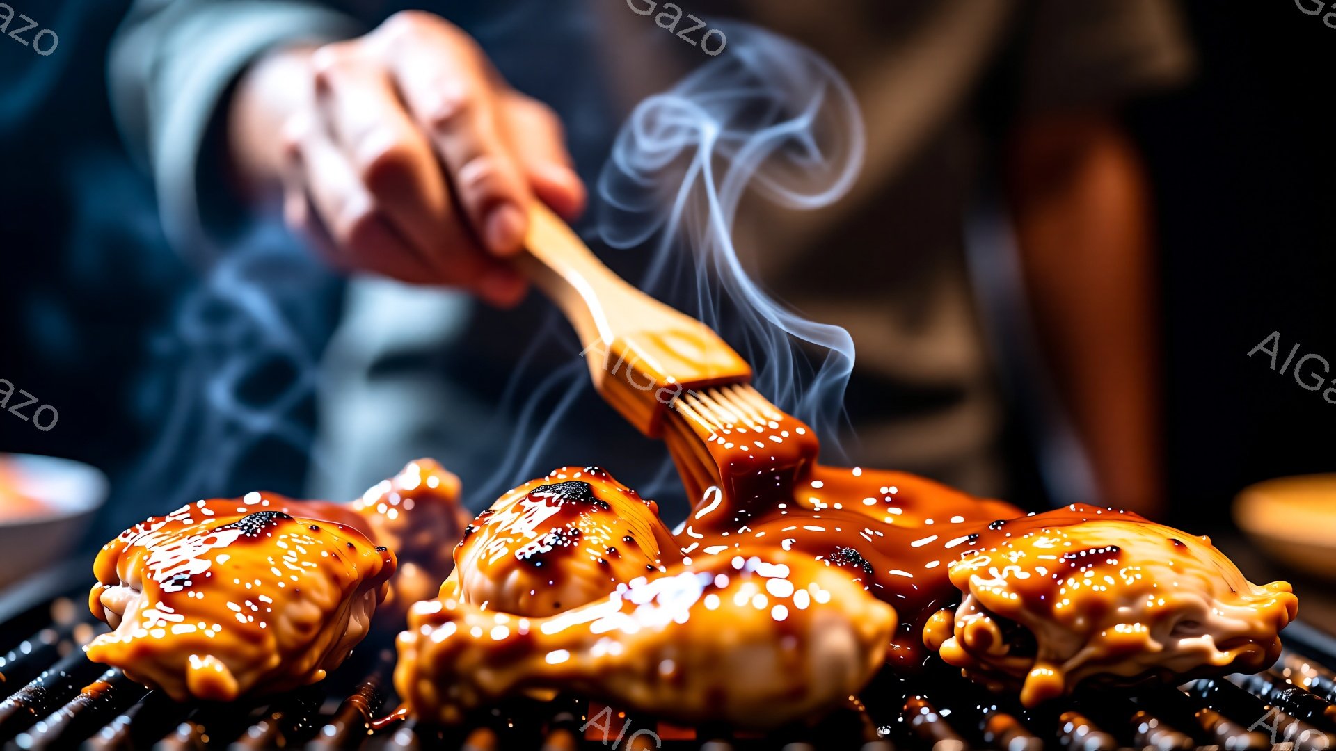照り焼きソースが塗られた鶏肉がグリルで焼かれており、湯気が立ち上っている様子が捉えられています。ソースを塗る手は黒い袖を着ており、調理に集中していることが伺えます。背景は暗く、グリルと鶏肉が際立っており、食欲をそそる暖かな雰囲気が漂っています。