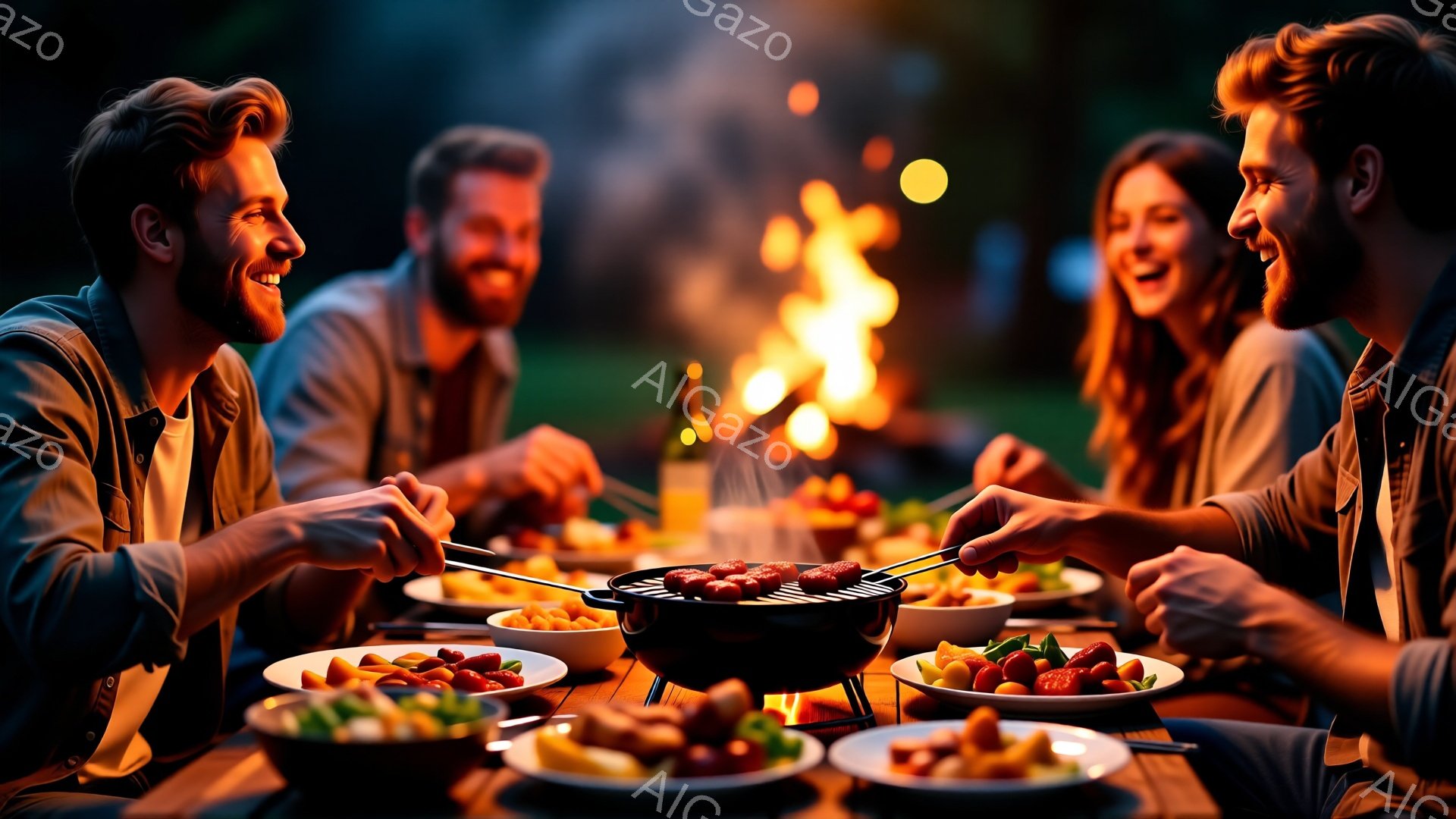 四人の友人が屋外でバーベキューを楽しんでいる様子が写っている。男性はカジュアルなシャツを着ており、女性は明るい色の服を着て、皆笑顔で楽しそうに料理を盛り付けている。背景には、暖炉の炎が燃え、夜空が広がり、温かく親密な雰囲気を作り出している。