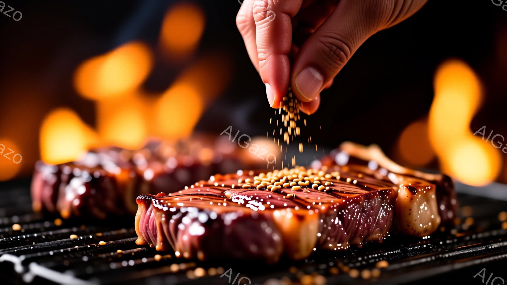 焼きたてのステーキに、粒状の調味料が上から振りかけられている様子が捉えられています。ステーキは照りがあり、グリルに乗せられ、背景にはぼやけた炎が見えます。全体的に暖かく、食欲をそそる雰囲気で、調理の最終段階を捉えた一枚です。