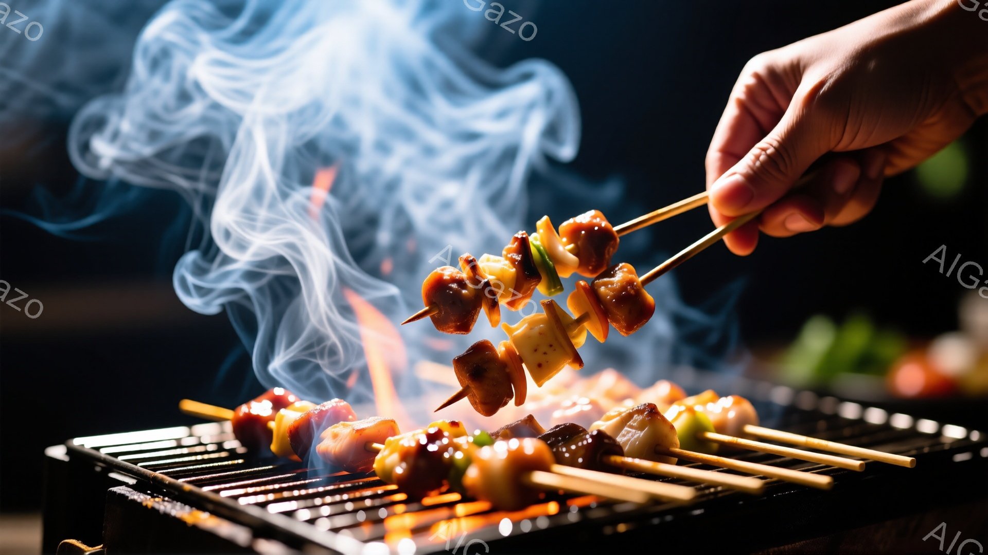 串焼きが鉄板の上で焼かれている様子が写っている。焼き串には、肉と野菜が交互に刺されており、煙が立ち込めている。背景は暗く、鮮やかな串焼きが際立っており、食欲をそそる雰囲気である。