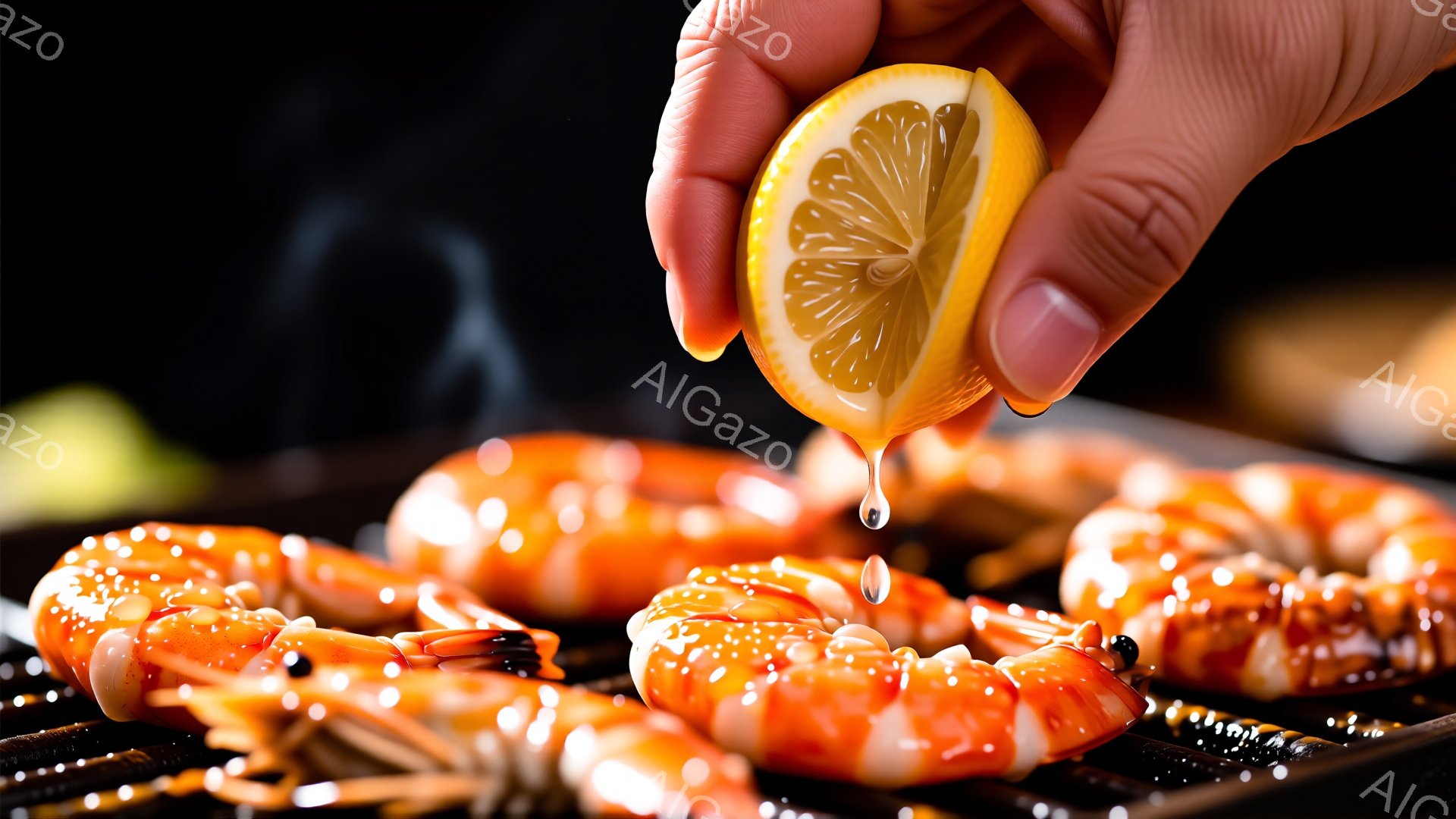 焼かれたエビにレモン汁を絞る手が写っています。エビはオレンジ色で照りがあり、グリル網の上に並んでいます。背景は暗く、焦点がエビとレモンに当たっているため、料理の美味しさが強調されています。