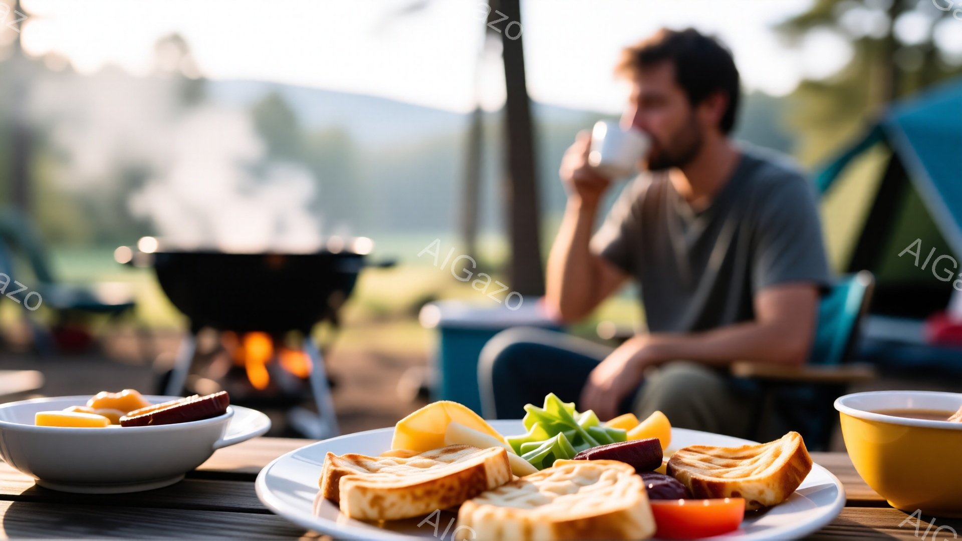 テーブルの上には、ワッフル、ソーセージ、果物、トマトなどが並べられた朝食が置かれています。背景には、椅子に座ってカップを持つ男性のぼやけた姿、そして木々やキャンプ用品が見え、穏やかな朝の光が差し込んでいます。全体的に、自然の中でゆったりとした朝食を楽しむ、温かくリラックスした雰囲気が漂っています。