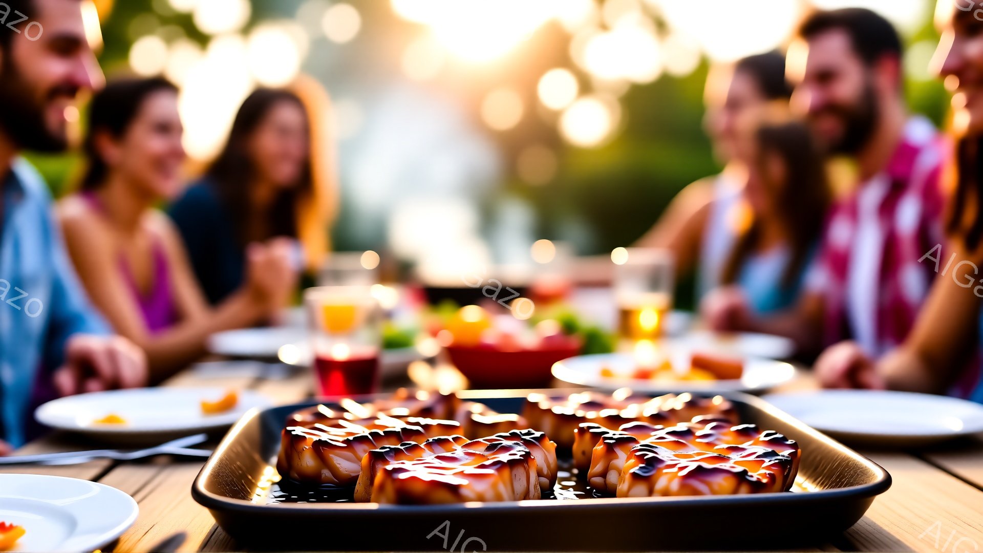 テーブルの上には、照り照りのソースがかけられた四角い焼き菓子が並べられた黒いトレーが置かれています。背景には、明るい色の服を着て笑顔を見せる人々が写っており、自然光が差し込む屋外の食事の様子が伺えます。暖かく、親しみやすい雰囲気で、楽しいひとときを過ごしているようです。