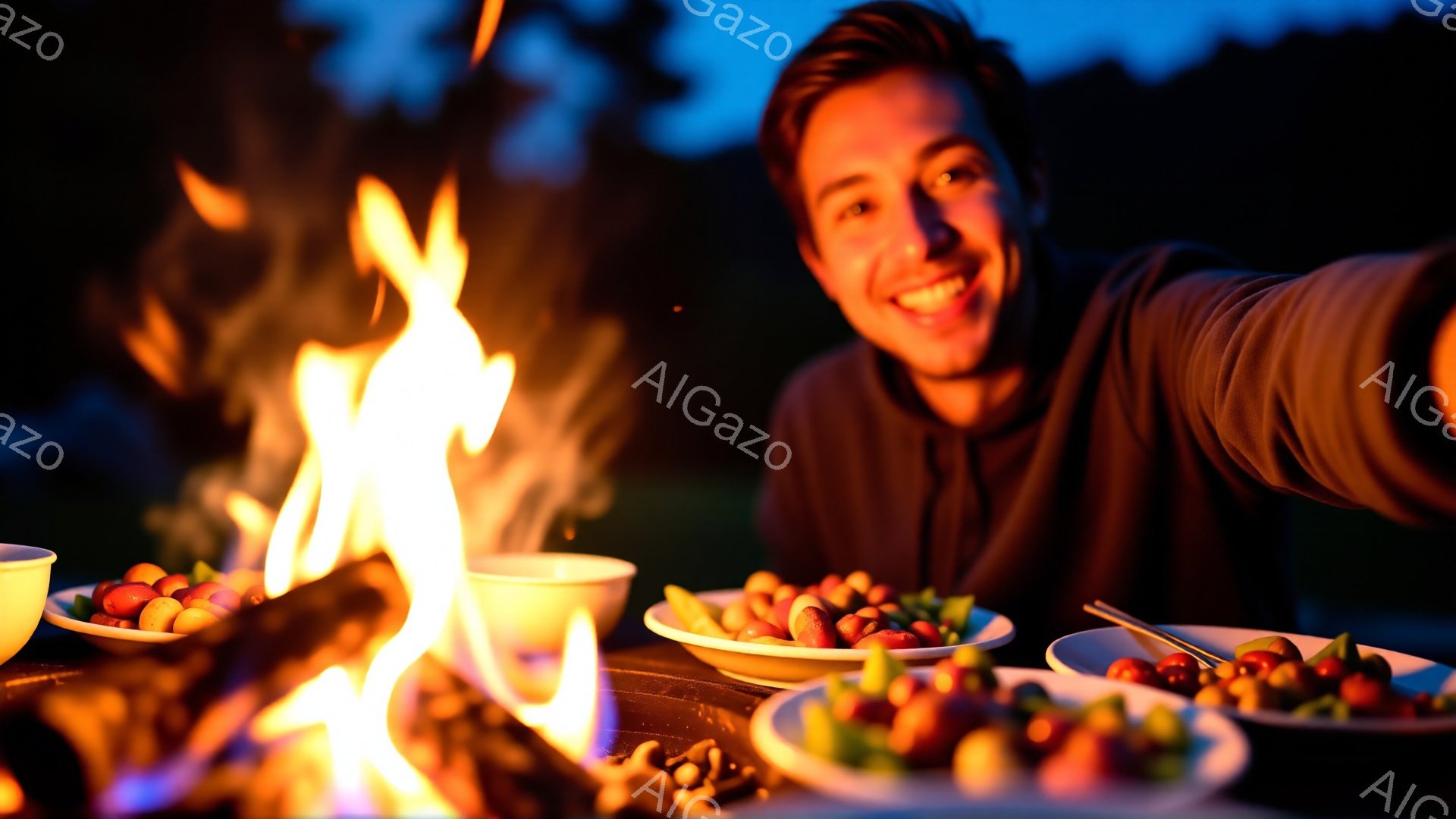 若い男性が笑顔でカメラに向かって手を伸ばしており、背景には燃え盛るキャンプファイヤーと、美味しそうな料理が盛られた皿がいくつか置かれています。彼は濃い色の長袖シャツを着ており、短く整えられた髪型で、親しみやすい表情をしています。夜空は薄暗く、料理と炎の温かい光が印象的な、キャンプの雰囲気を感じさせる一枚です。
