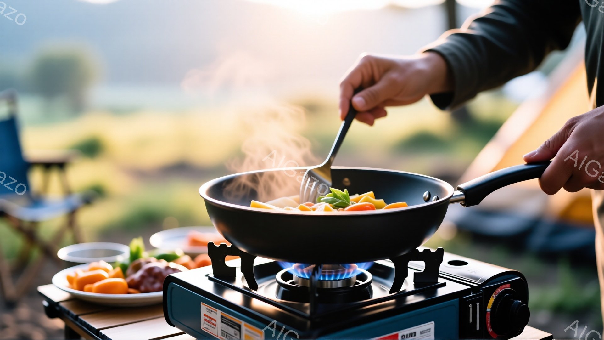 鍋で野菜が調理されている様子が写っている。キャンプ用品が並んだテーブルの上で、青いガスコンロに黒いフライパンが乗せられ、鮮やかなオレンジ色の野菜が炒められている。背景にはぼやけた緑の木々と、夕暮れのような柔らかな光が広がり、キャンプの温かい雰囲気が漂っている。