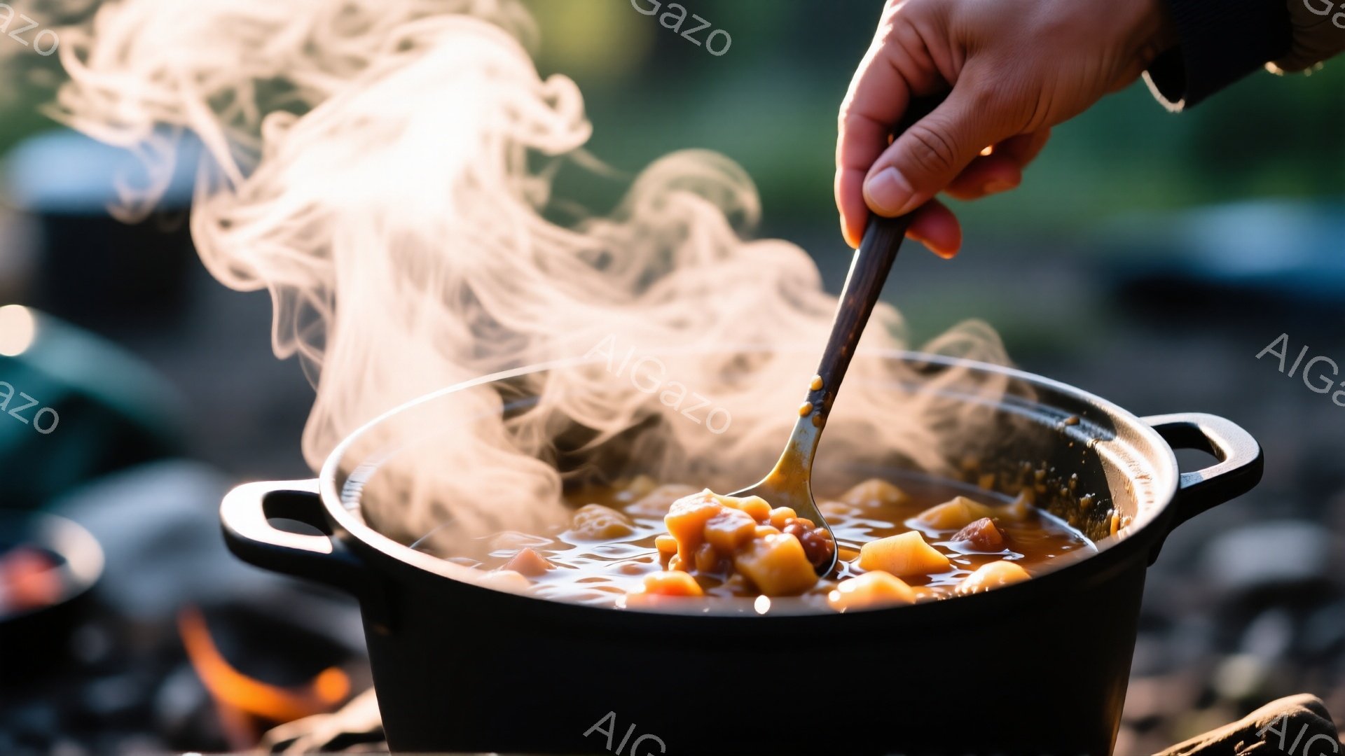湯気が立ち上る鉄製の鍋の中で、具材が煮込まれている様子が捉えられています。木製のヘラで鍋の中身をかき混ぜる手の姿が確認でき、鍋の周りには暖炉の火が見えます。背景はぼかされており、自然の中で調理されてい - AI生成フリー素材