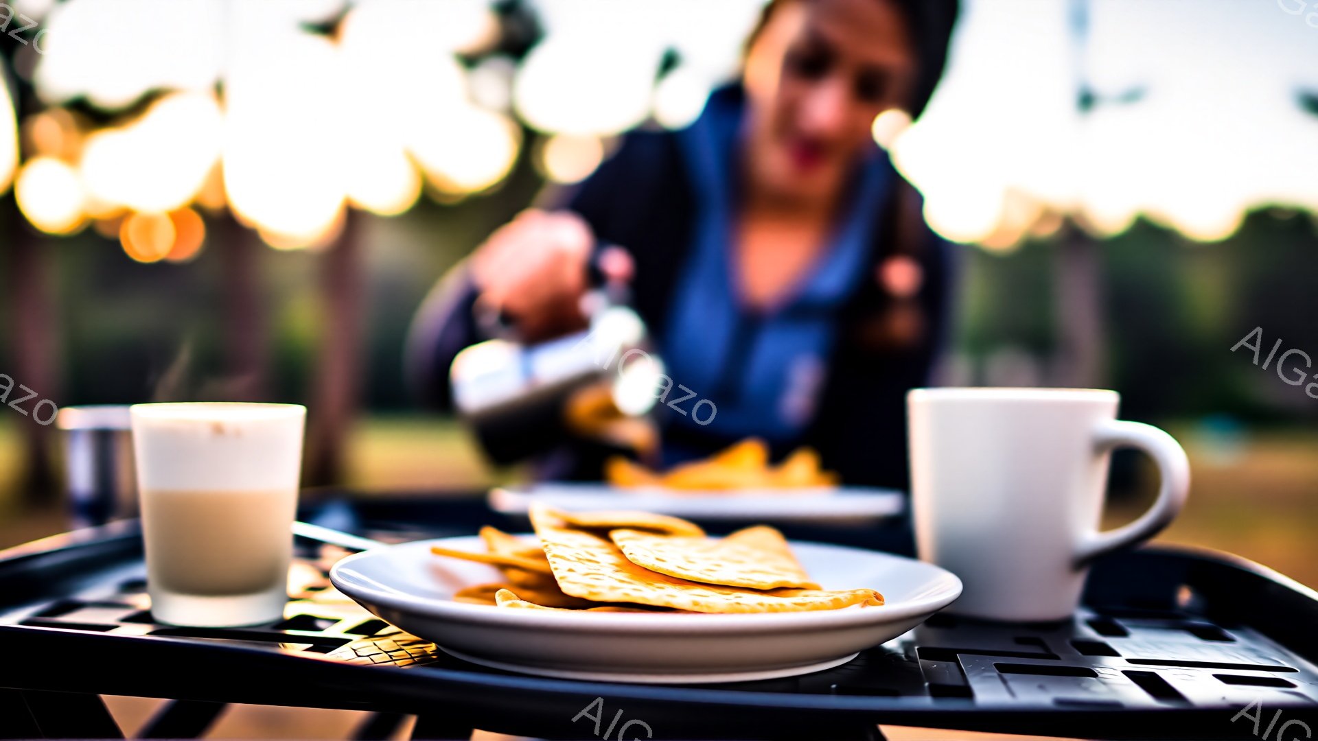 テーブルの上には、白い長方形のプレートに並べられたビスケットと、牛乳またはコーヒーのような飲み物が入ったグラスとマグカップが置かれています。背景はぼやけており、女性が青いジャケットを着て、何かを手に持っているのが見えます。全体的に、キャンプやピクニックのような屋外での食事の、くつろぎで穏やかな雰囲気が感じられます。